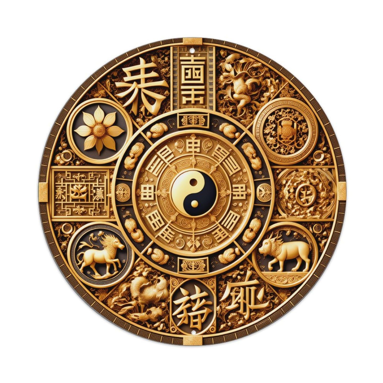 Golden Zodiac Yin Yang Pattern Vintage Round Tin Sign Retro Metal Wall Decor Metal Poster, Home Bar Garage Cafe Wall Art Decoration 8x8Inches