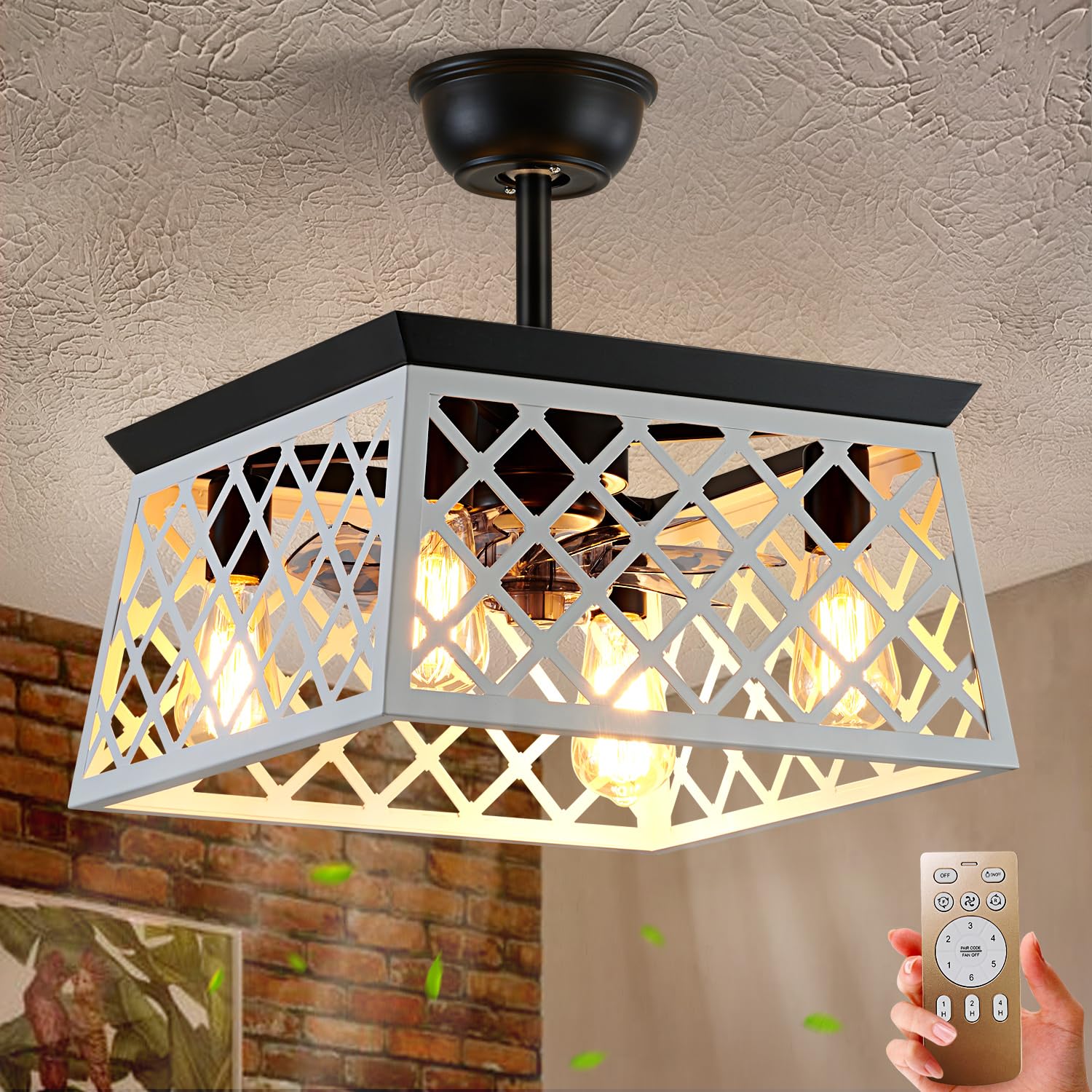 haodengshi 4-Light Farmhouse Ceiling Fan with Light, Caged Ceiling Fan with Lights and Remote, Rustic Bladeless Ceiling Fan for Living Room Bedroom Kitchen