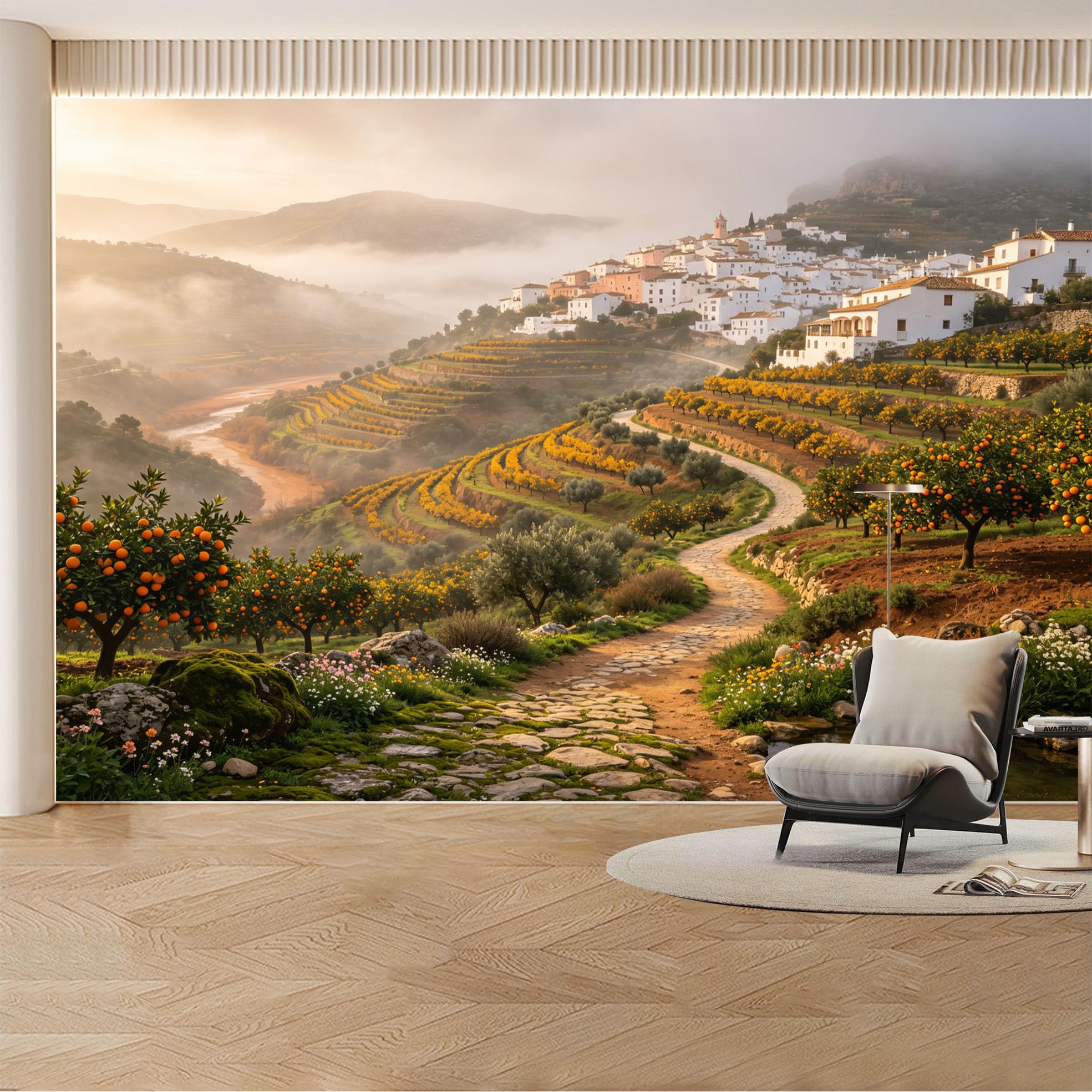Custom Wall Mural Wallpaper Foggy Moorland Stone Path， Landscape Nature Wall Decor Large Wall Art， Misty Pastoral Countryside Removable SelfAdhesive Large Photo for Living Room， Bedroom， Office