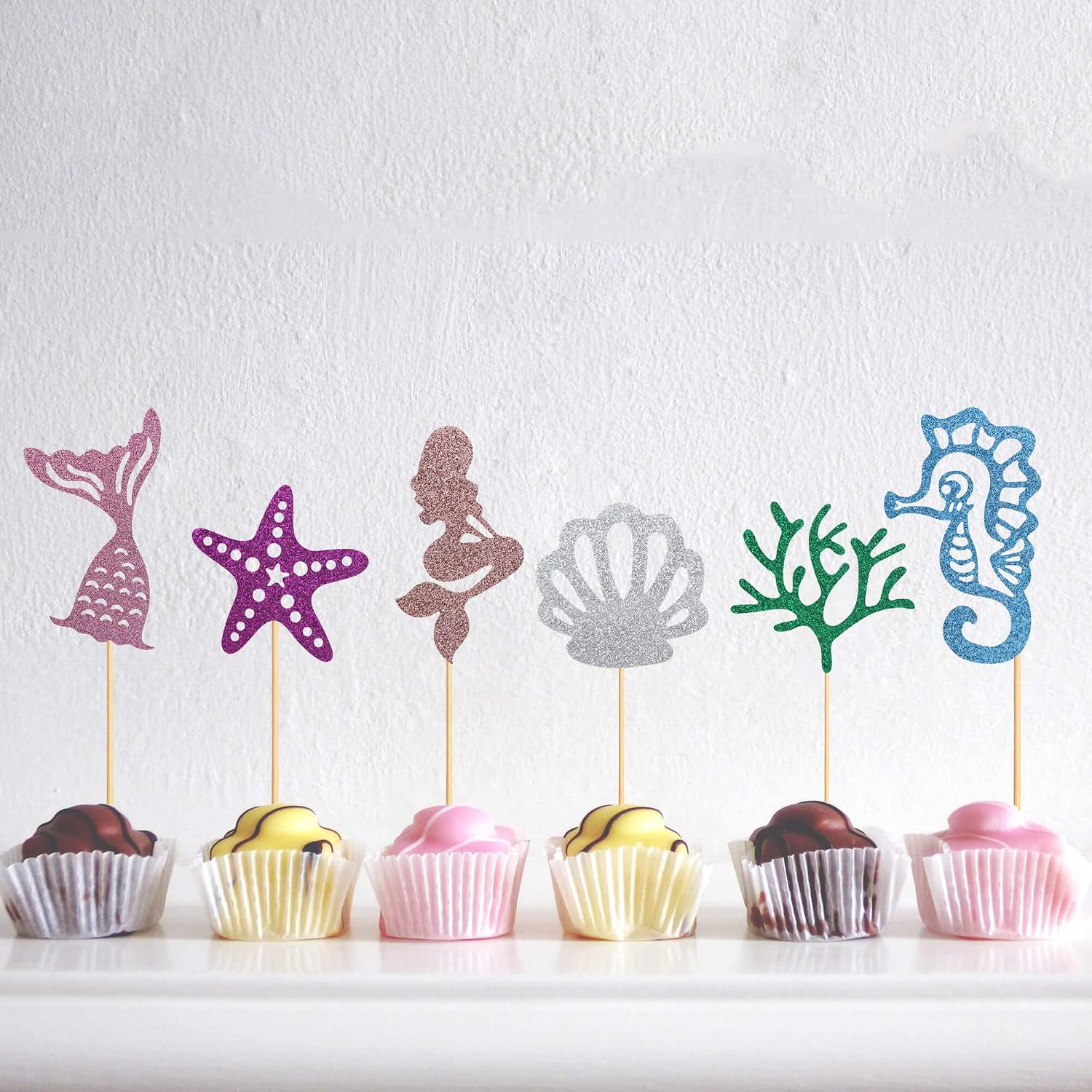 24Pcs Mermaid Cupcake Toppers with Shell Seahorse Starfish Coral Mermaid Tail Cupcake Picks Baby Shower Under the Sea Theme Birthday Party Cake Decorations Supplies
