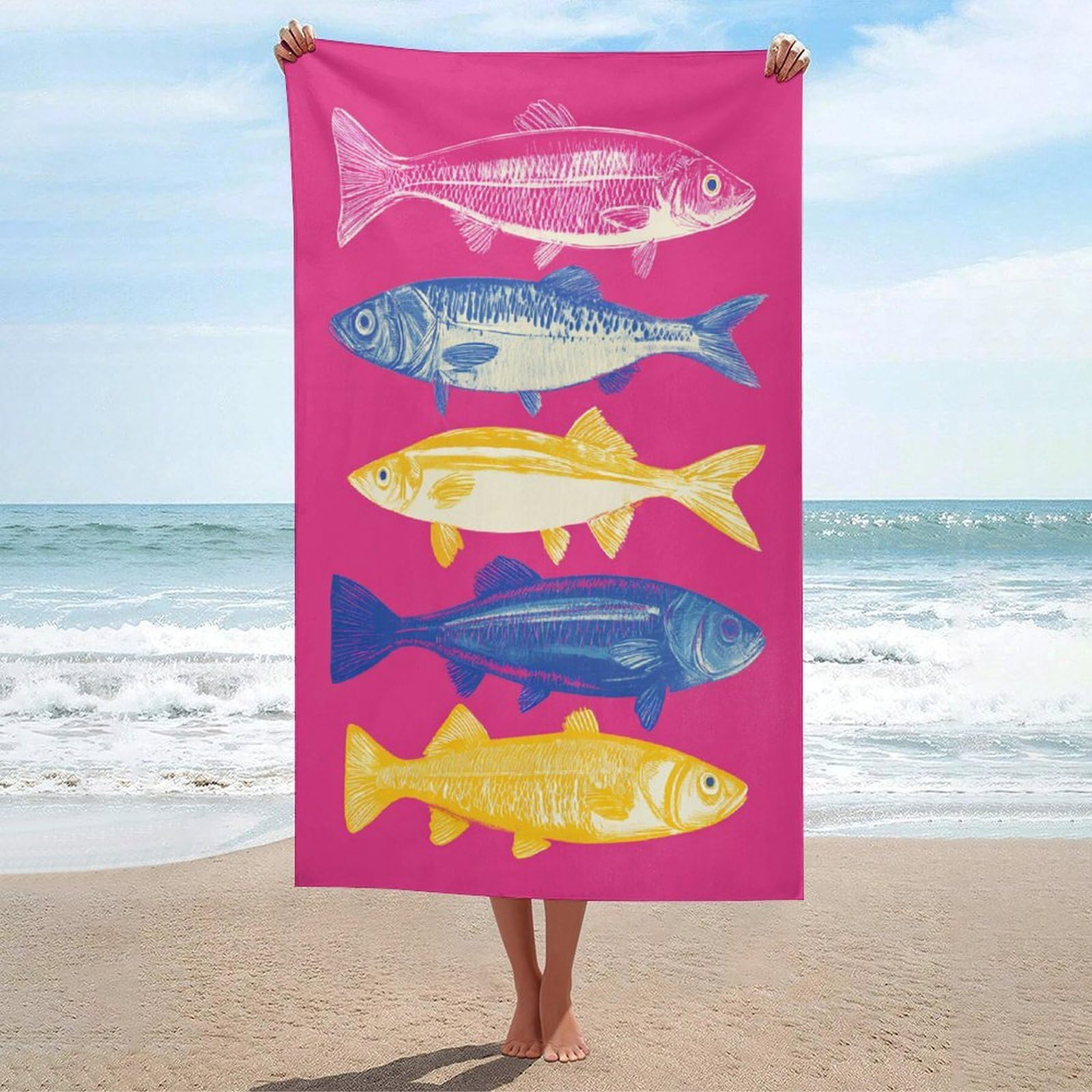 LSRCPD Kitchen Art Five Fish on Hot Pink Beach Towel Sand Free Microfiber Large Shower Towels Multipurpose Absorbent for Bathroom Pool 130x80 CM