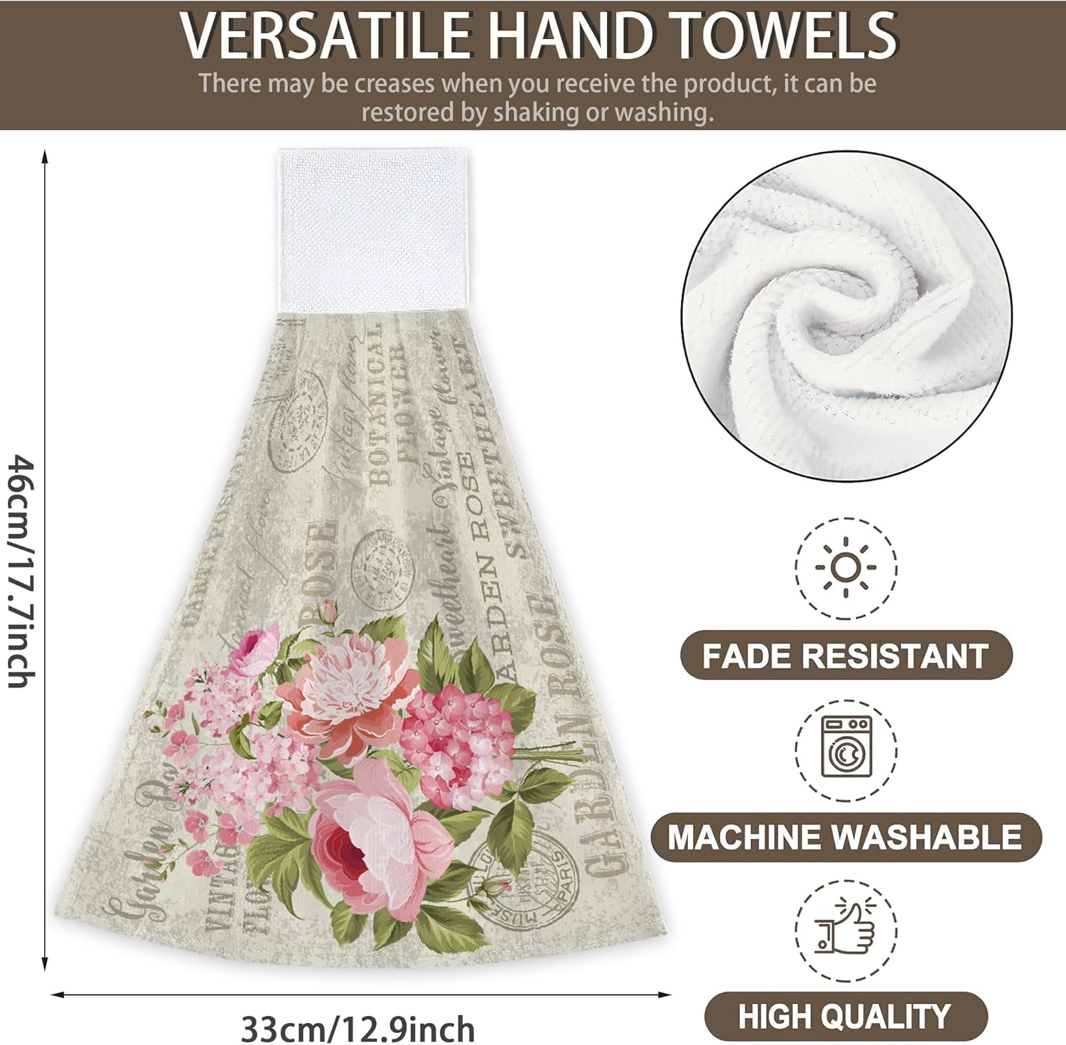 Vintage Pink Rose Flowers Hanging Kitchen Towels 2 Pieces Hand Towel Loop Dish Cloth Tie Towels Tea Bar Towels for Bathroom Farmhouse Housewarming Tabletop Home - Image 2