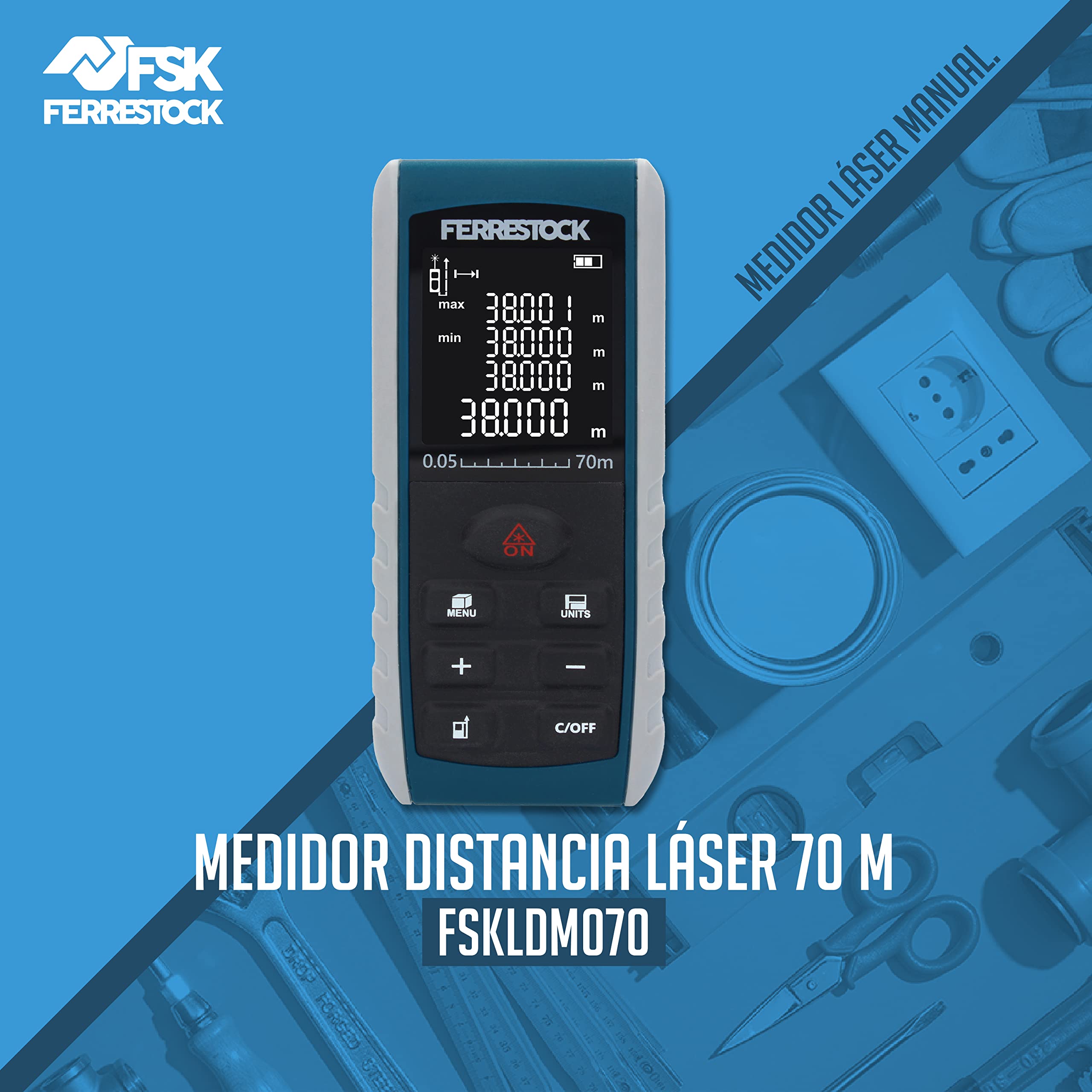 Ferrestock FSKLDM070 medidor láser de distancias de hasta 70 Metros, Pantalla LCD, 2 Puntos de Referencia, 7 Modos de medición, Nivel Digital y 99 memorias