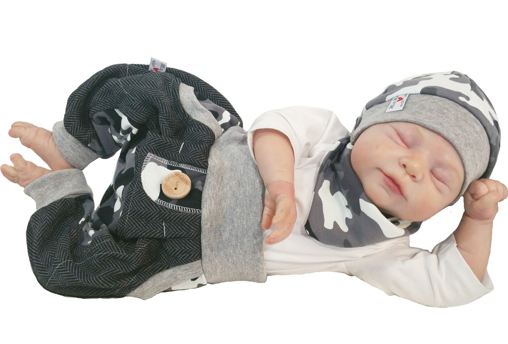 Atelier MiaMia - Pumphose oder als Set Baby Kind von 50, 56, 62, 68, 74, 80, 86, 92, 98 Designer Babyhose Limitiert !! Mitwachshose Tarnfarbe grau/weiß
