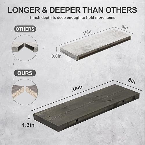 Miniatura 3 de Estantes flotantes Axeman para pared, juego de 2 estantes flotantes de madera gris de 24 pulgadas, estantes flotantes de pared rústicos de 24