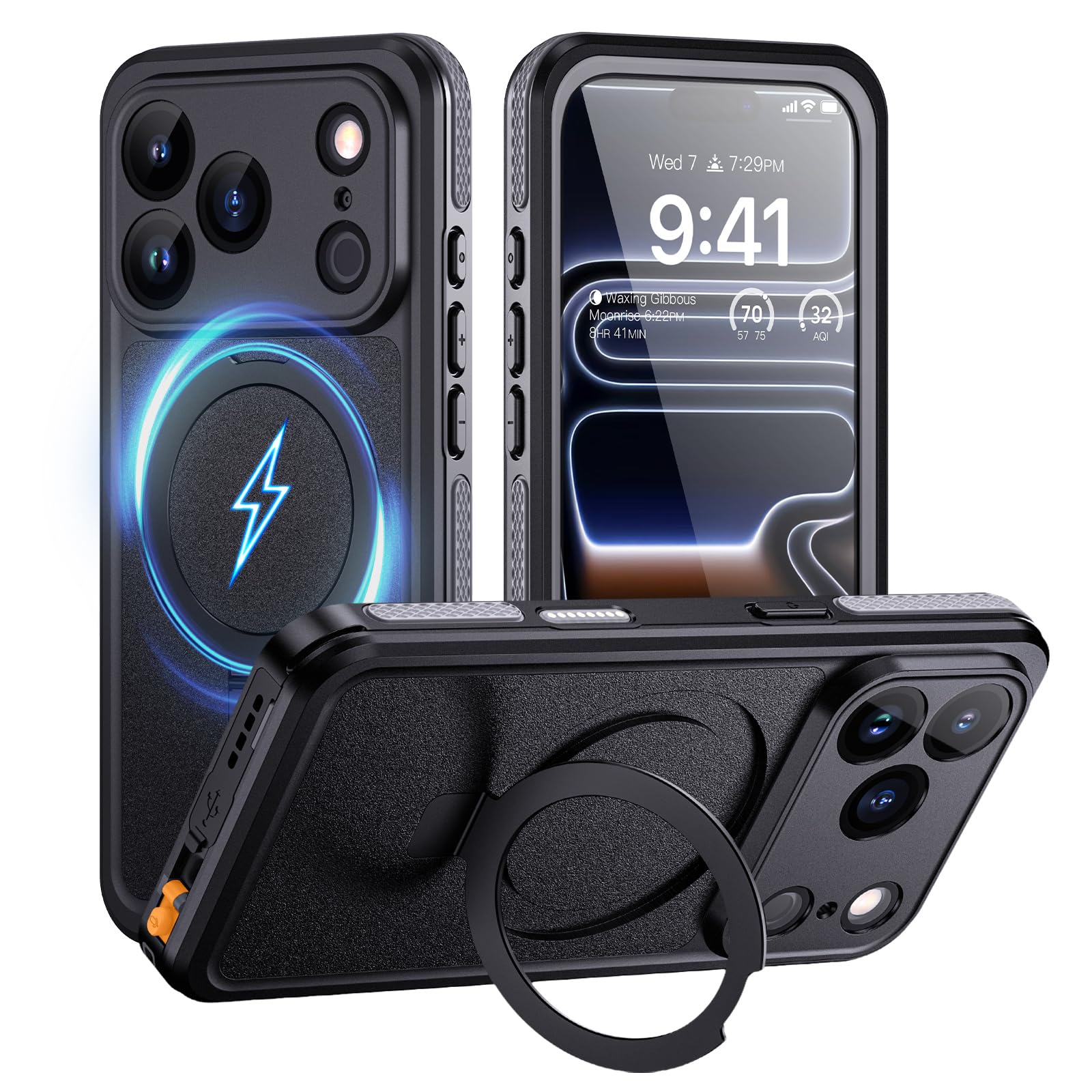 Lanhiem Cover Per iPhone 17 Pro Impermeabile con Cavalletto[IP68 Waterproof] Resistente Alle Cadute e ai Graffi Custodia Antipolvere Subacquea,per iPhone 17 Pro Protezione Militare a 360 Gradi,Nero