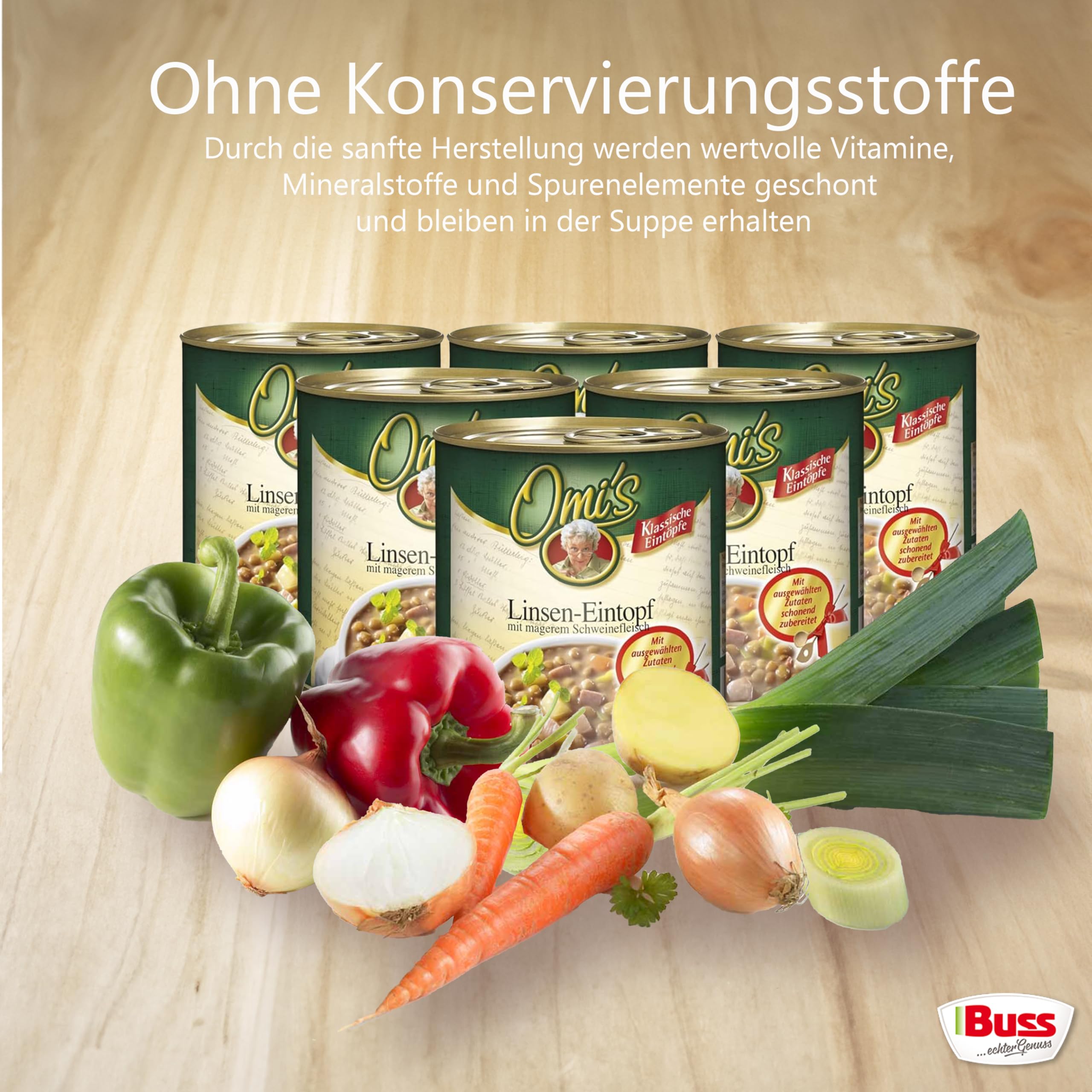 Buss Omi’s klassischer Linseneintopf - Würzig leckerer Suppentopf mit Linsen und magerem Schweinefleisch - Schnelle Fertiggerichte zum Aufwärmen in Mikrowelle & Topf - 6 x 800g (Packung mit 2)