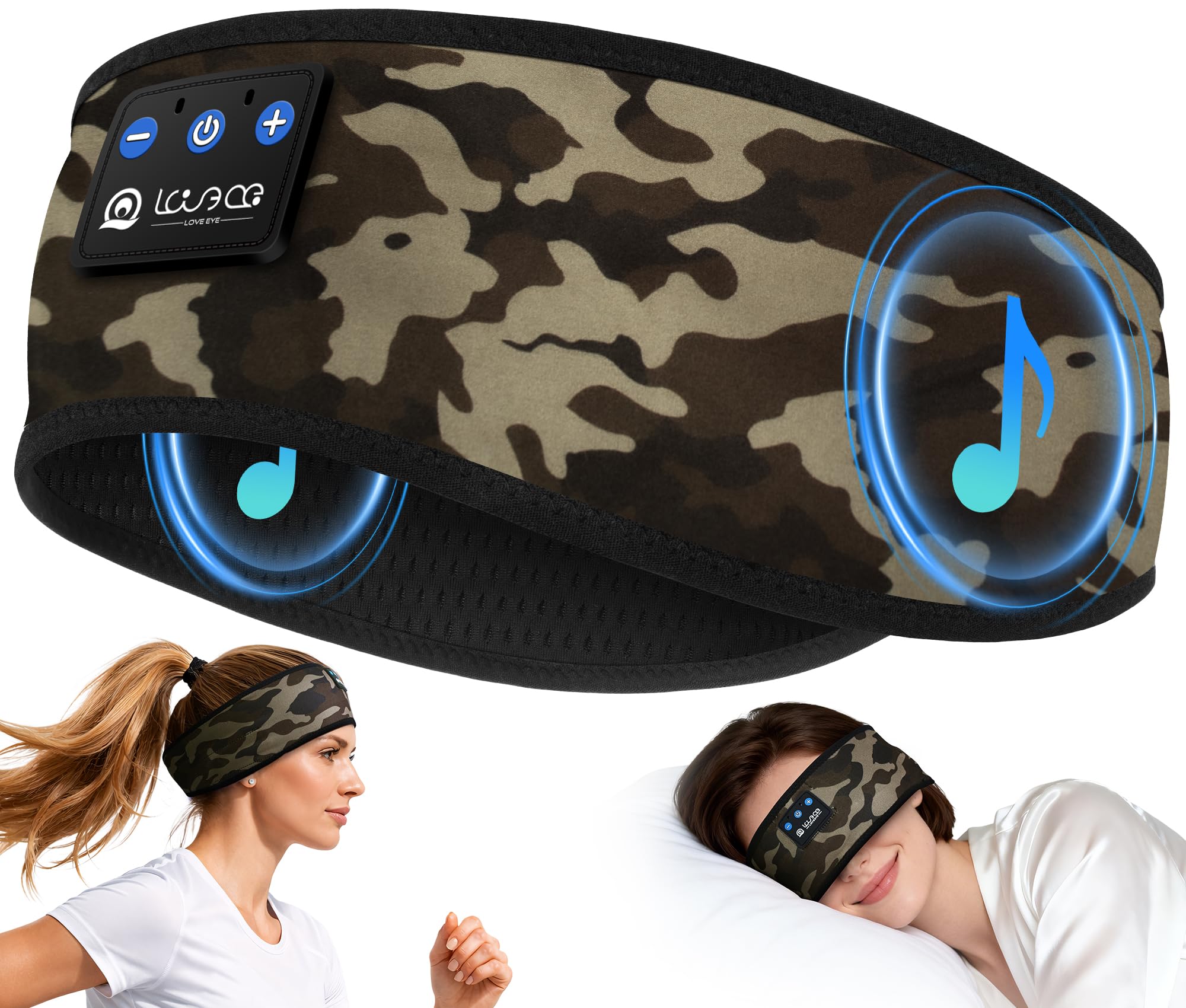 LOVE EYE Auriculares inalámbricos para dormir Bluetooth 5.4 para dormir de lado, auriculares Bluetooth para deportes, dispositivos tecnológicos, regalos (camuflaje marrón)