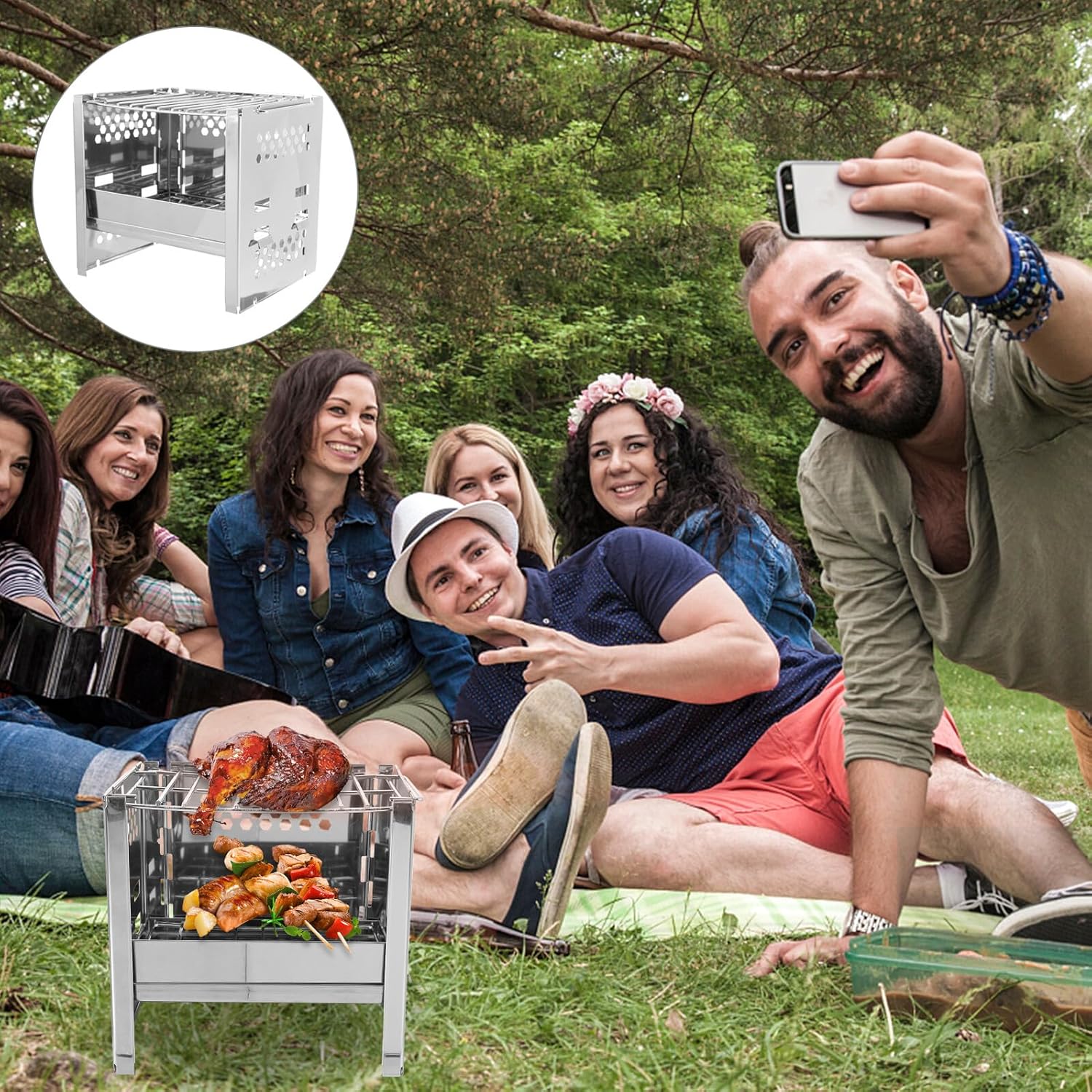Portable Stainless Steel Barbecue Grill with Folding Wind Deflector, Outdoor Picnic Bbq Accessory for Camping and Hiking