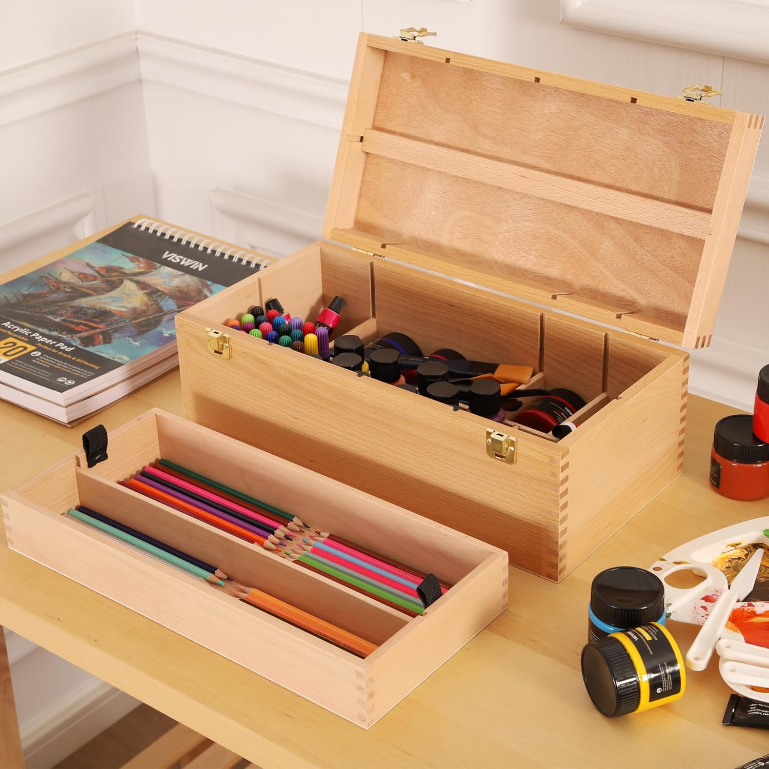 VISWIN 16"x8"x6" Large Art Storage Box, Double-Layered Solid Beech Wooden Tool Box for Art Supplies, Wooden Tool Box for Paint Brush, Pen, Pastel, Paining Supplies
