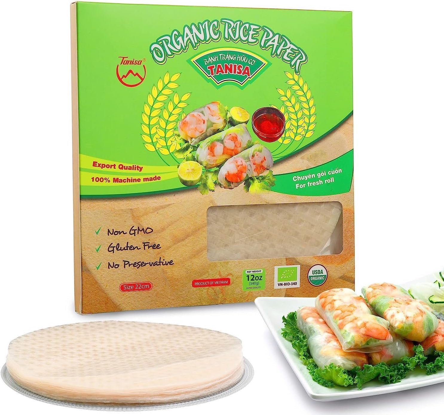 Organic Spring Roll Rice Paper Wrapper for Fresh roll (22cm, Round, 12 oz), NON GMO, GLUTEN FREE, Made In Vietnam, Banh Trang Goi Cuon