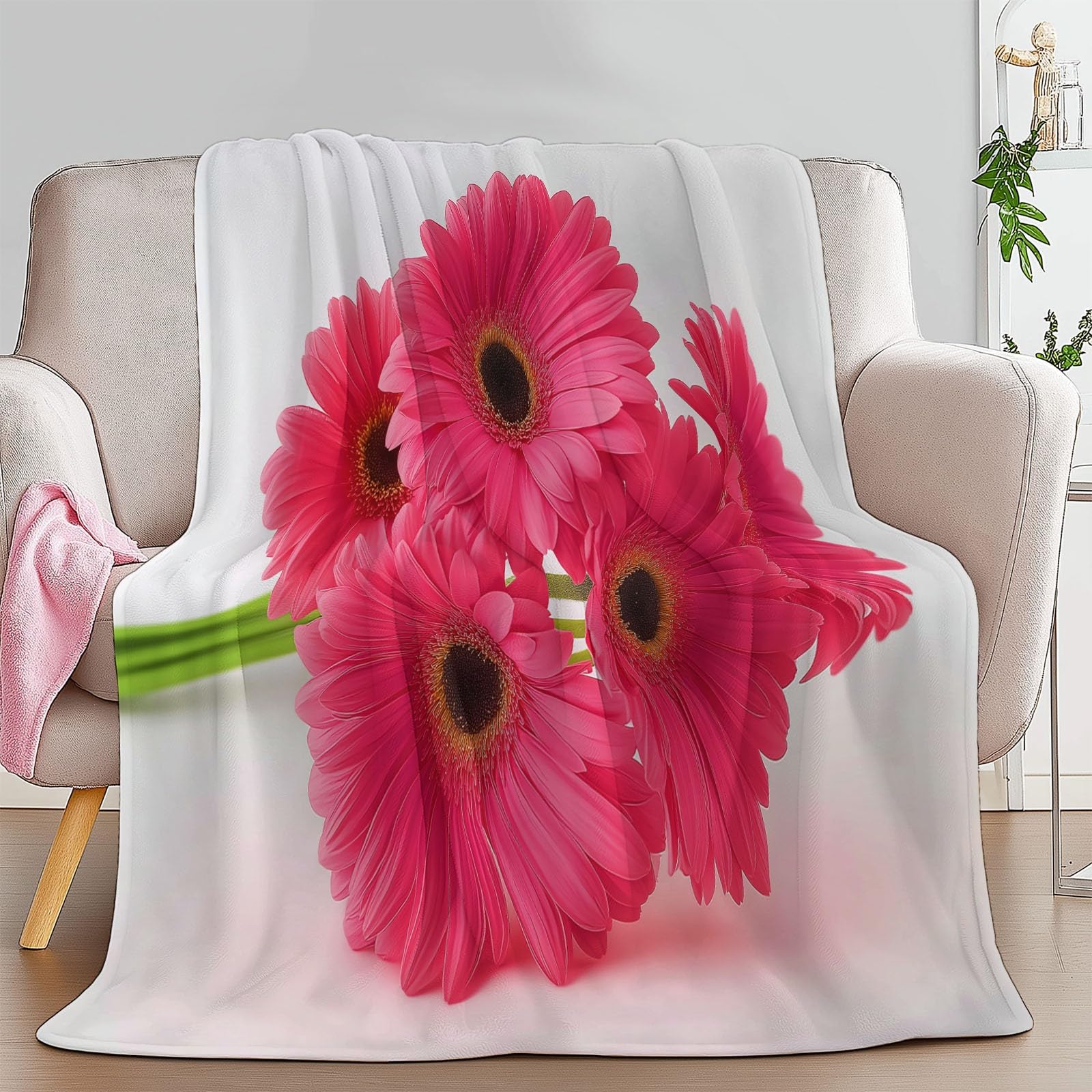 Ciepła flanelowa różowa gerbera, bukiet sherpa koc, 221 x 239 cm, miękki, przytulny, realistyczny koc do fotografii, pluszowy, flanelowy, polarowy, 220 x 240 cm, dla dziewcząt, dzieci, dorosłych, na