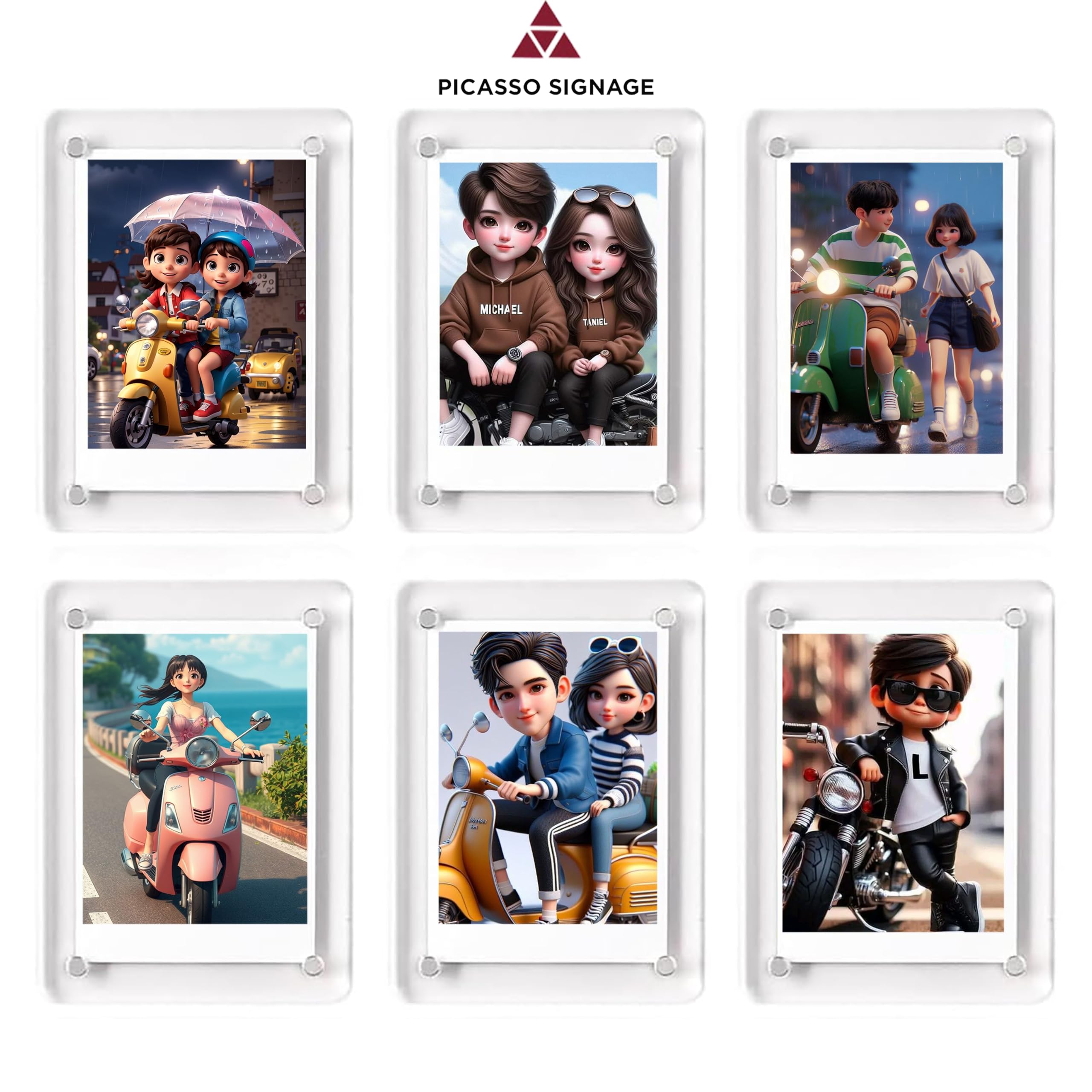 PICASSO SIGNAGE Magnetic Acrylic Photo Frames (Set of 4 Prints) | Double-Sided Fridge Magnet Display for Polaroid & Instax Mini | Acrylic Picture Holder for Refrigerator, Locker, Office & Home Décor