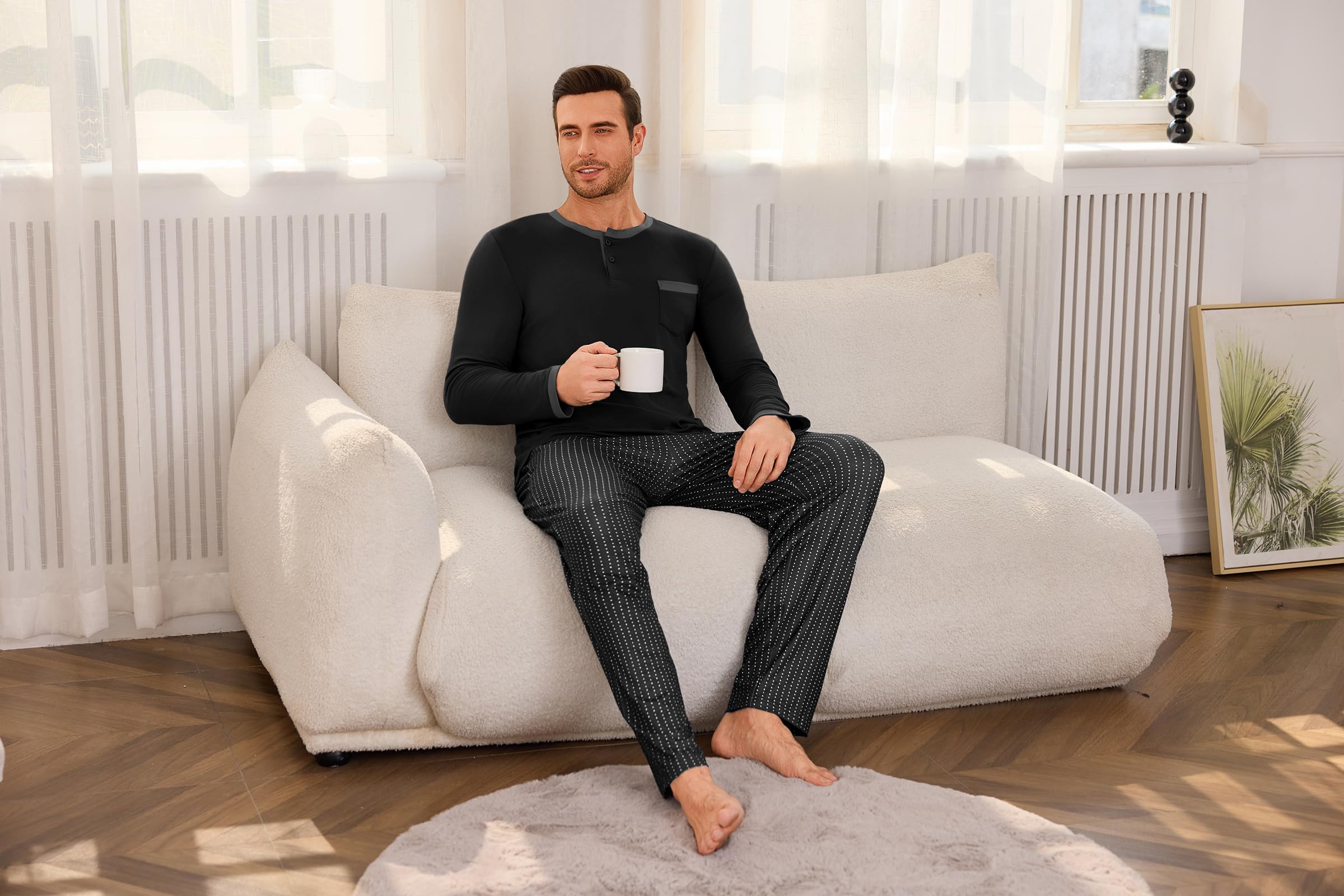 Pijama Hombre Invierno Algodón Manga Larga Bolsillos | Conjunto de pijama cálido para hombre en algodón suave, camiseta manga larga y pantalón con cordón y bolsillos.