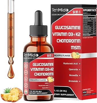 Glucosamine Chondroitin MSM Liquid Drops - 9in1 with Vitamin D3, Vitamin K2, Hyaluronic Acid, Quercetin, Boswellia, and Bromelain - Vegan, Non-GMO - 30ml 1 Fl Oz
