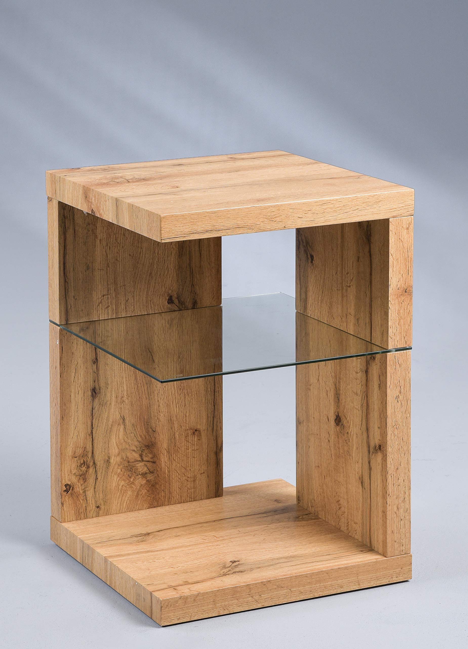 M2 Kollektion Domingo - Tavolino/comodino, in MDF, vetro di sicurezza, in rovere selvatico, 40 x 40 x 60 cm