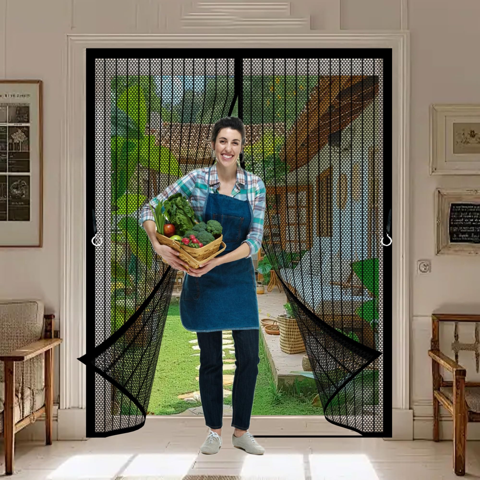 Magnetic Fly Insect Screen Door 126 x 186 cm Full Frame Magic Tape, Powerful Magnets Fly Screens Doors Nets Lets Fresh Air, Easy to Install for Keeping Out Flies, Black