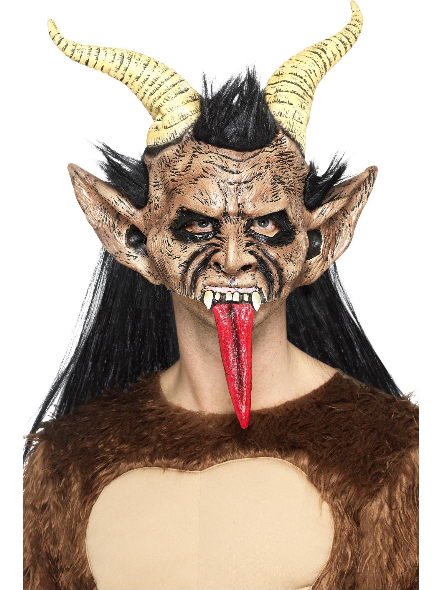 Smiffys Beast Krampus Demon Mask, Brown – Latex Overhead Mask with Hair and Horns, Realistic Horror Fancy Dress Accessory for Adults, Christmas and Halloween Cosplay Carnival