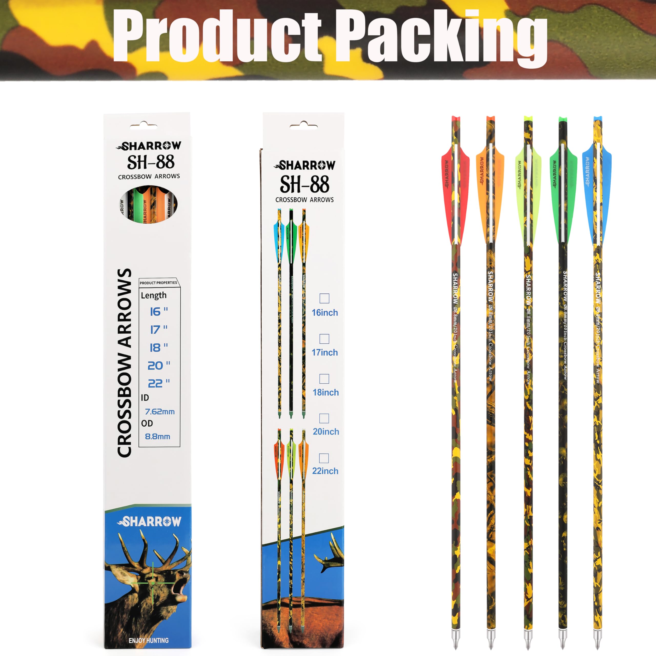 12pcs Flèches pour arbalète Boulons d'arbalète 16" 17" 18" 20" 22" Flèches de Chasse ID 7.62mm OD 8.8mm 125 Grain Pointe de flèche remplaçable pour la Chasse à l'arbalète
