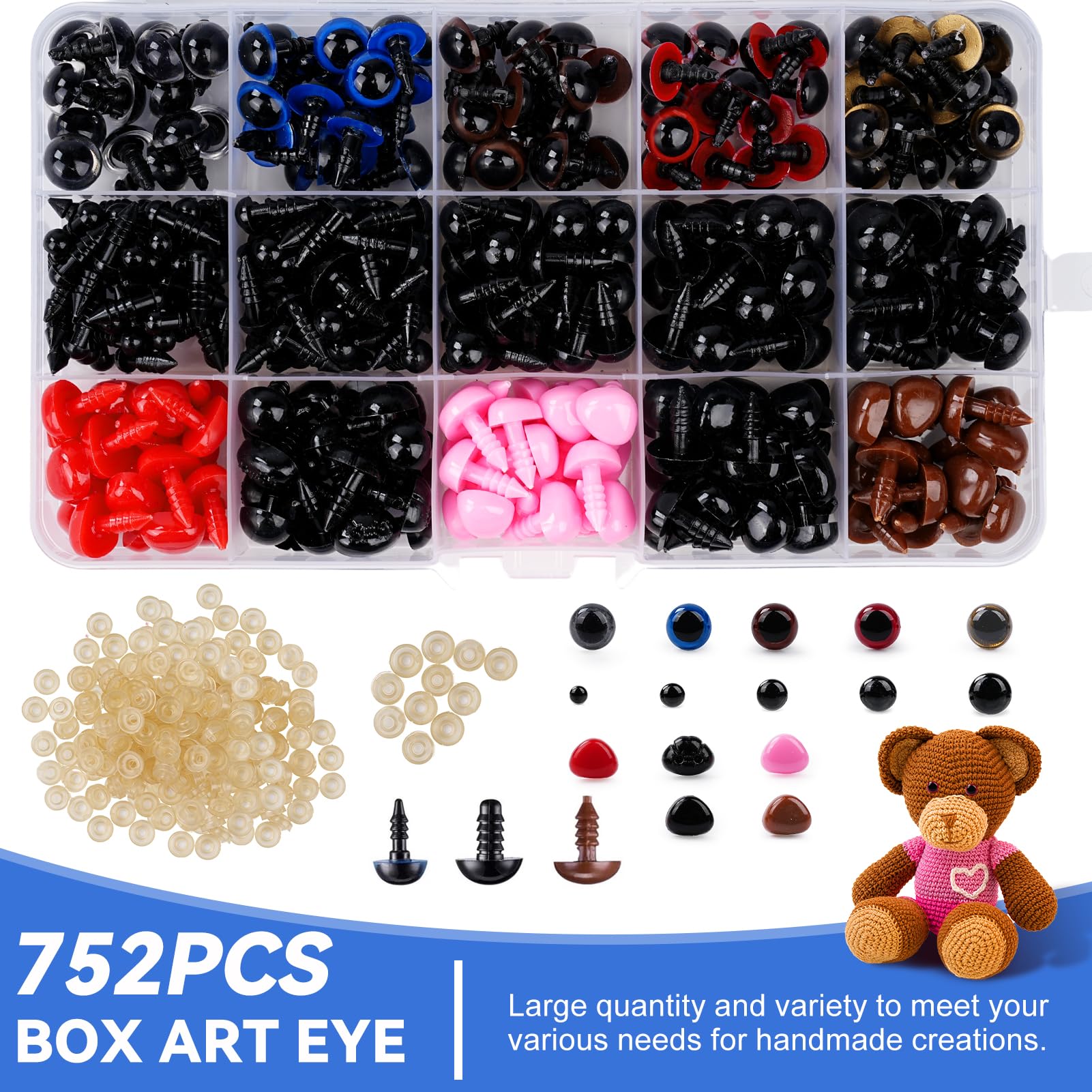 Kit de nariz de ojos de seguridad, herramienta auxiliar para ganchillo amigurumi con 752 piezas de ojos de seguridad, narices y alicates, cinta métrica, tamaño compatible con 5-31 mm (azul)