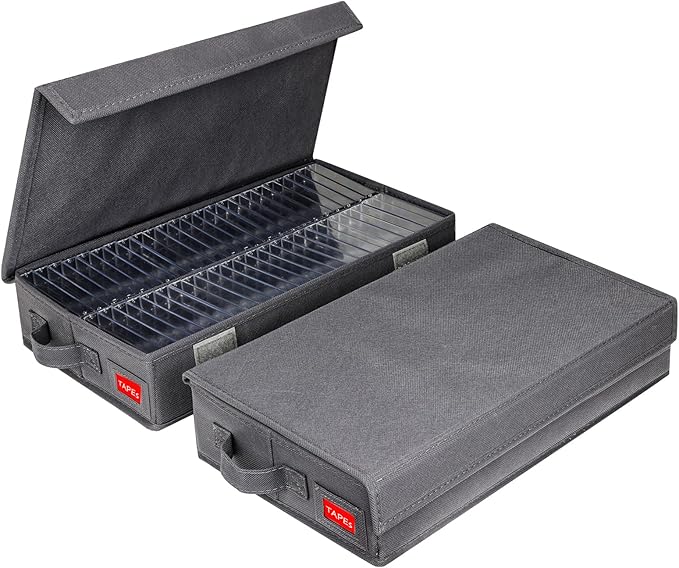Stackable Tape Storage Boxes - Dust-proof Racks With Lid - Audio Cassette Holder Pack Of 4 Holds 192 Cases 16 34 X 9 25 X 3 4 Inches Grey