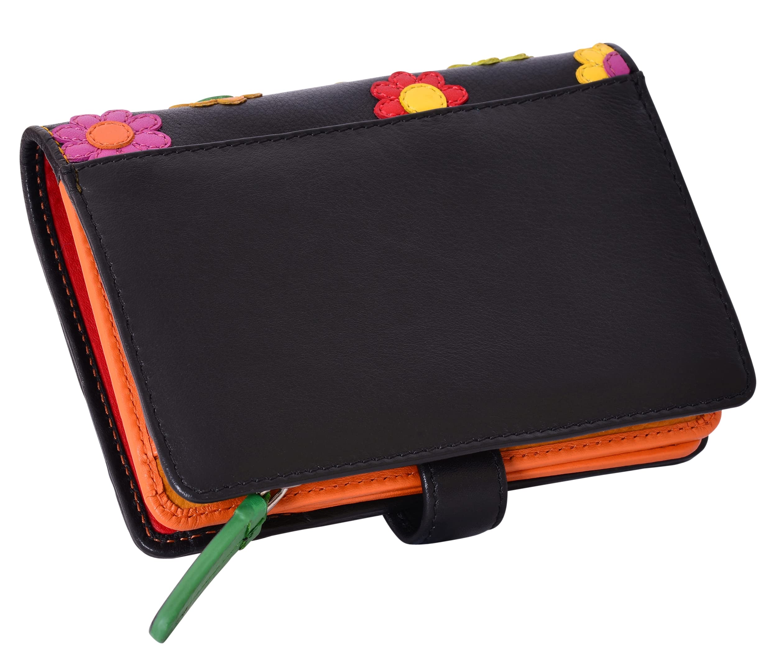 VISCONTI 100% Pur Leder Portemonnaie Damen RFID Schutz Geldbeutel Geldbörse Bifold Mehrfarbig Portmonee in Geschenk-Box Polka Purse (DS82) - Medium 10cm x 14cm - Blumen/Rot