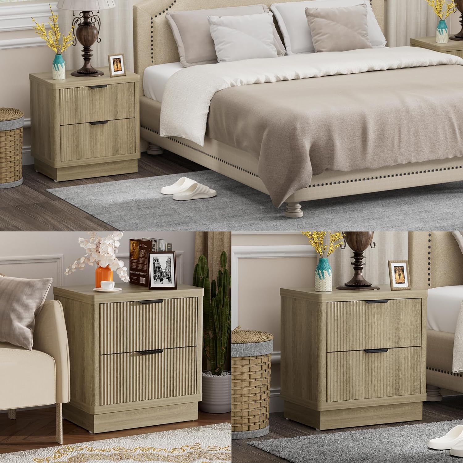 24 inch Tall Nightstand, Farmhouse End Table with 2 Deep Drawers Bed Side Table, Large Chest of Drawers Fluted Design for Living Room Bedroom Storage, Oak