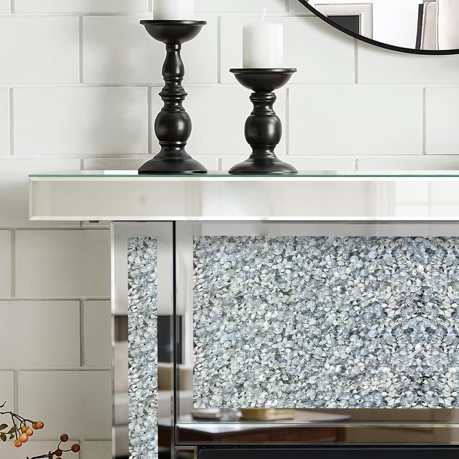 Crushed Diamond Mirrored Electric Fireplace with Mantel, Freestanding Fireplace Heater with Bluetooth Speaker, 7 Color 3D Flame Effects, Remote Control, Silver Fireplace for Living Room Bedroom&Corner