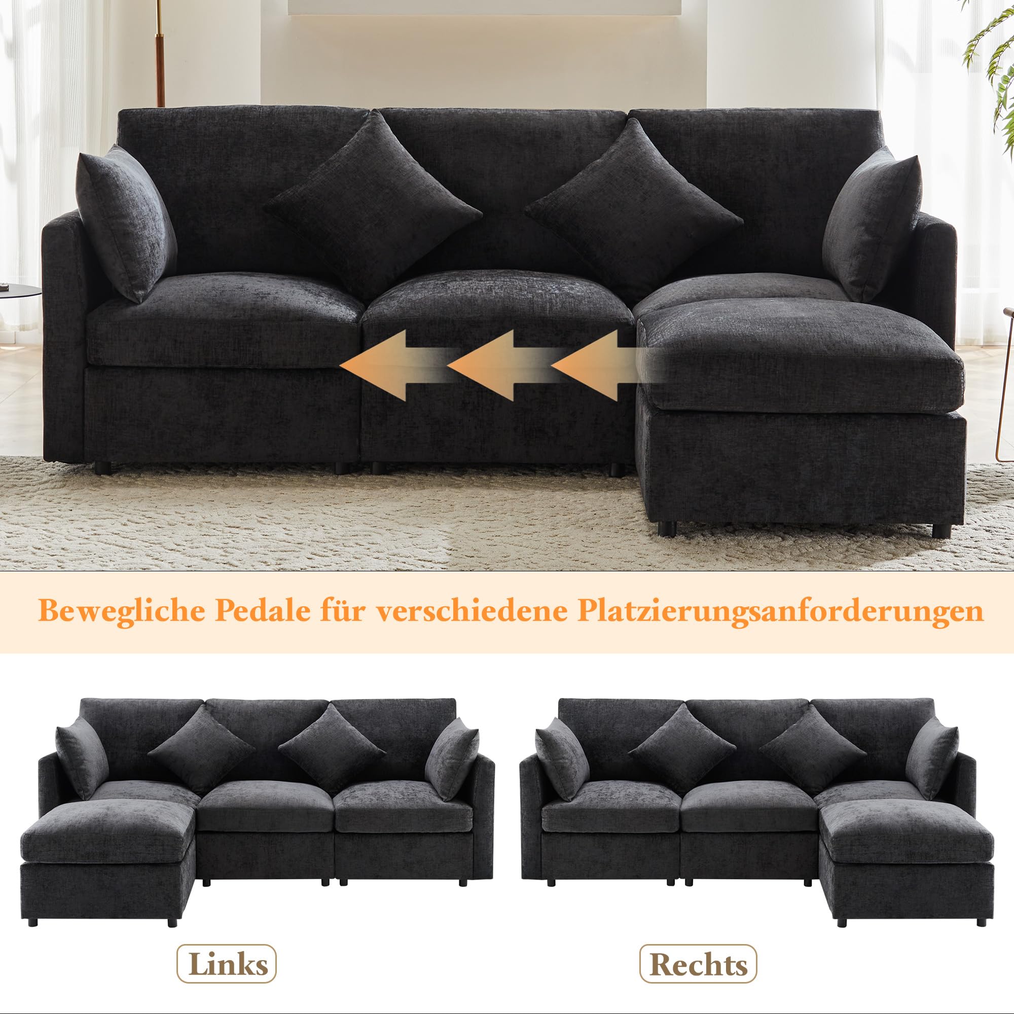 Sofá moderno modular de tela de felpilla, sofá cama de 3 plazas, de 4 plazas, sofá esquinero en forma de L con reposapiés, sofás con chaise longue, 216 x 161 x 81 cm (gris)