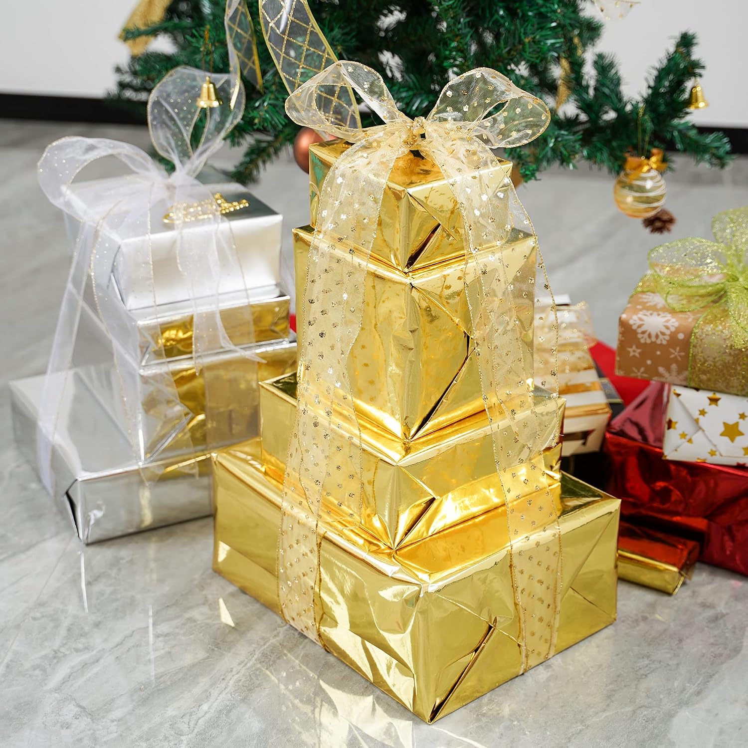 MEEDEE White and Gold Ribbon for Christmas Tree 2.5 Inch 6 Rolls 36 Yards Christmas Ribbons Gold Ribbons for Christmas Tree Decoration Garland Wire Mesh Ribbon for Wreaths