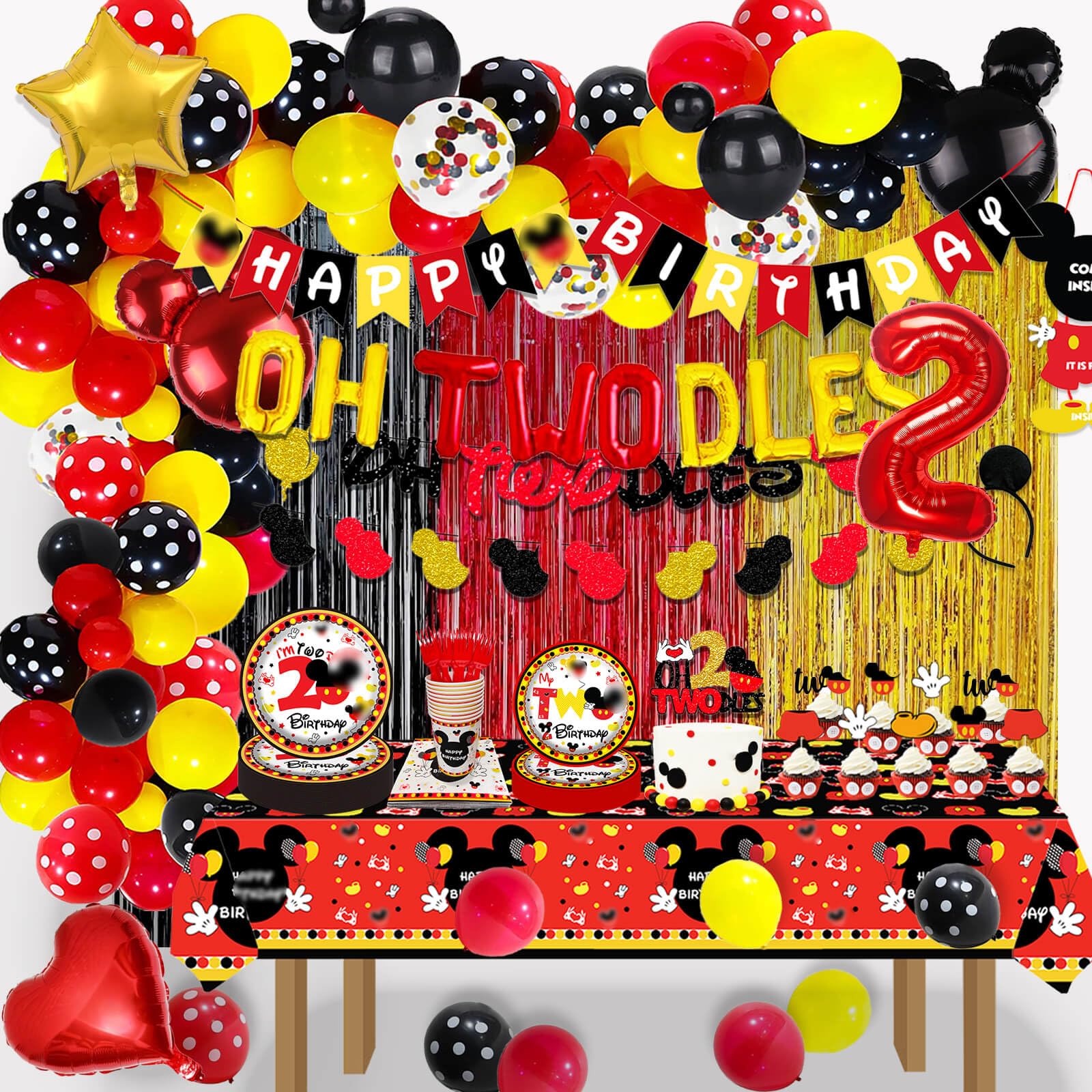 231 Pcs Red Cartoon 2nd Birthday Party Decorations - Twodles Plates Cups Tablecloth Cake Topper Banner Finger Curtains Balloons Arch Kit for Kids Boy