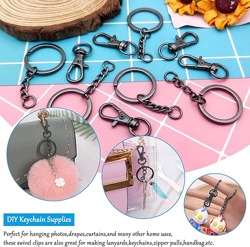 Miniatura 3 de Juego de 150 ganchos giratorios a presión, cierre giratorio negro pistola, ganchos para llavero, cierre de langosta, llaveros divididos con cadena y