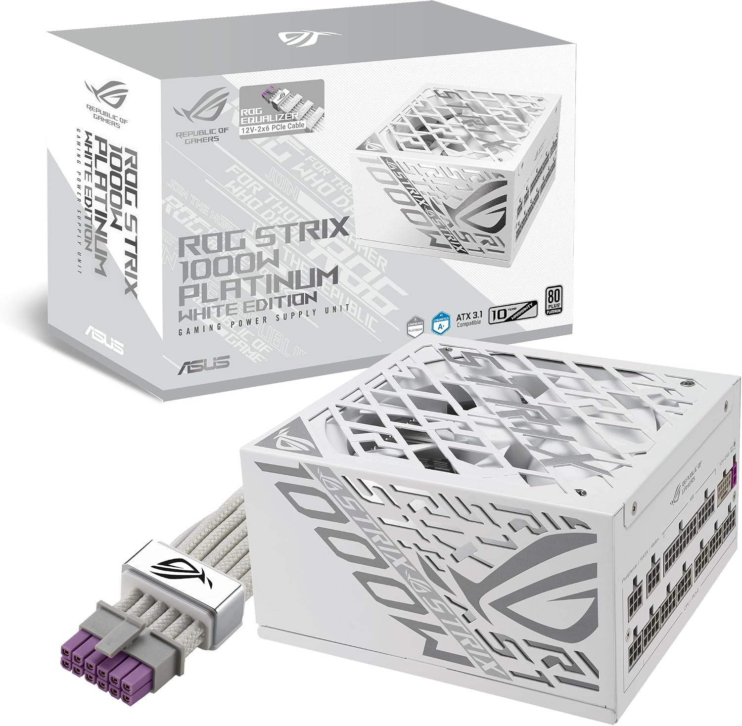 ASUS ROG Strix 1000W Platinum White Edition (80 Plus & Cybenetics Platinum, Fully Modular ATX, ATX 3.1, PCIe 5.1, GaN MOSFET, GPU-First IVS, ROG Equalizer 12V-2x6 Power Cable, 10-Year Warranty)