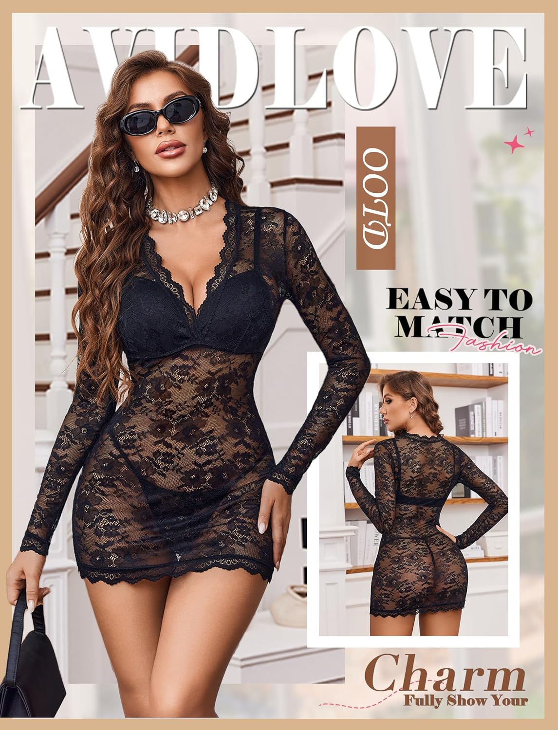 Avidlove Women's Lace Long Sleeve Babydoll Lingerie Dress And Thong Set Sexy Deep V-Neck Party Clubwear Outfits Mesh Bodycon - Image 2