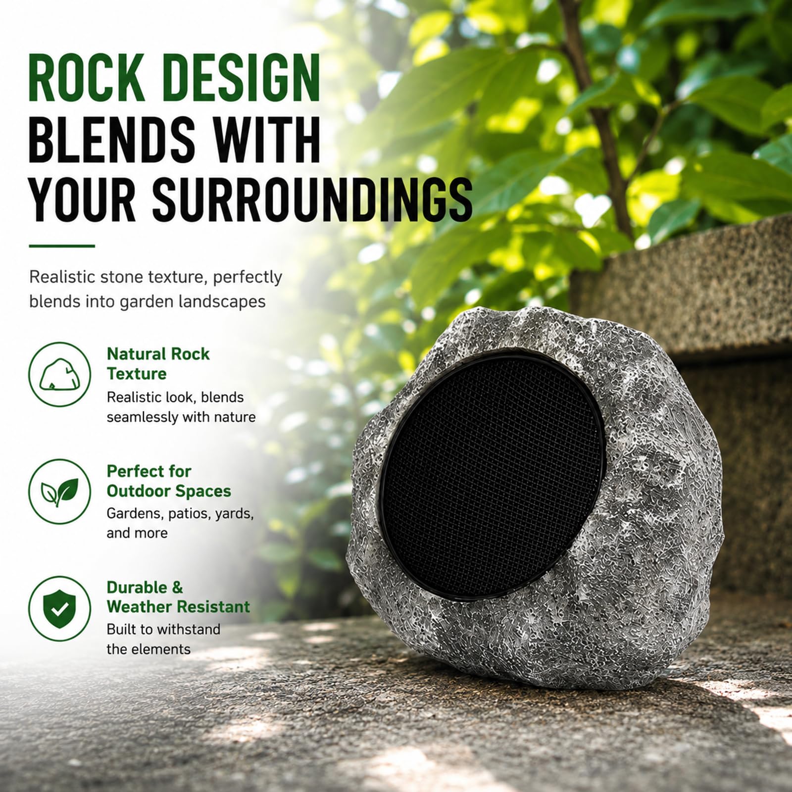 Altoparlanti esterni impermeabili Bluetooth ad energia solare, altoparlante Bluetooth ricaricabile tramite USB, design realistico in pietra, audio dai bassi profondi per giardino, patio, cortile