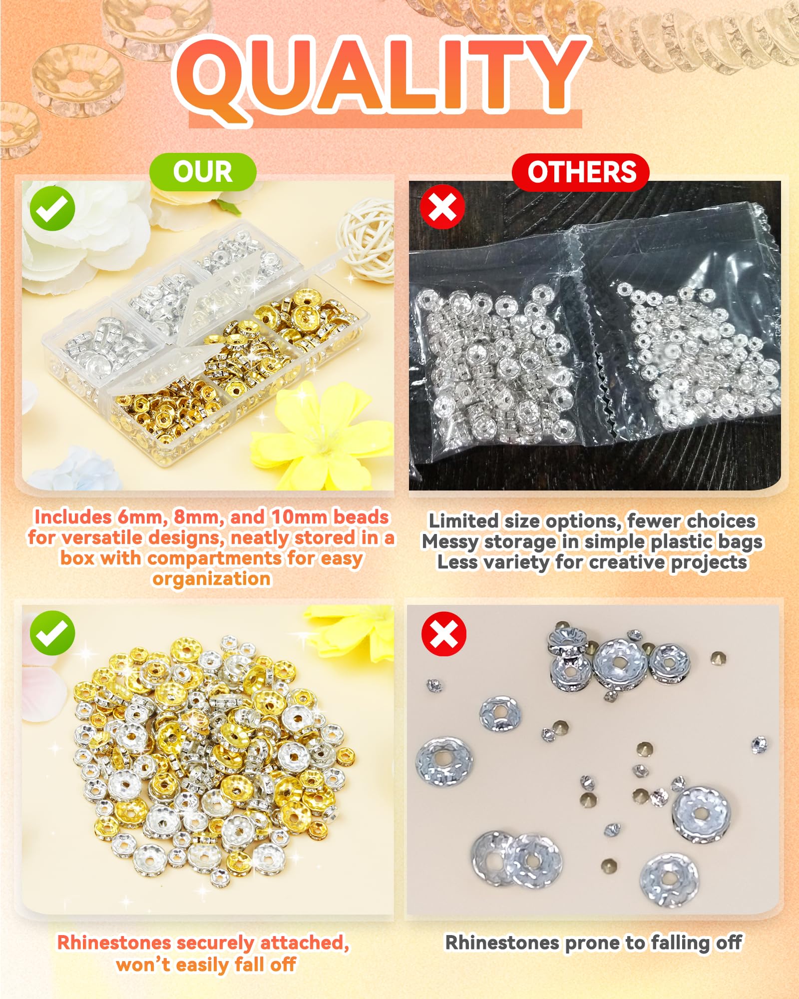 300 cuentas espaciadoras de diamantes de imitación FIVEIZERO para hacer joyas, cuentas de 6 mm, 8 mm, 10 mm con agujeros, cuentas redondas doradas y plateadas para bolígrafos de cuentas, proyectos de