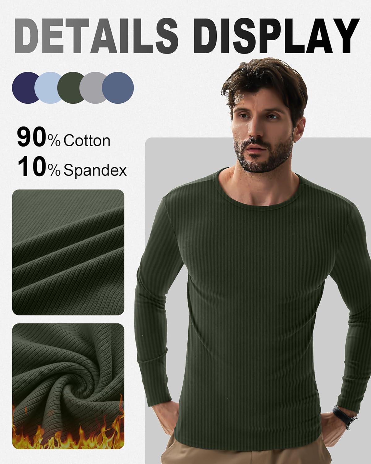 5 Pack Men's Cotton Thermal Shirts Long Sleeve Ribbed Tops Crew Neck Slim Fit Sweater Casual Pullover Undershirts - Image 5