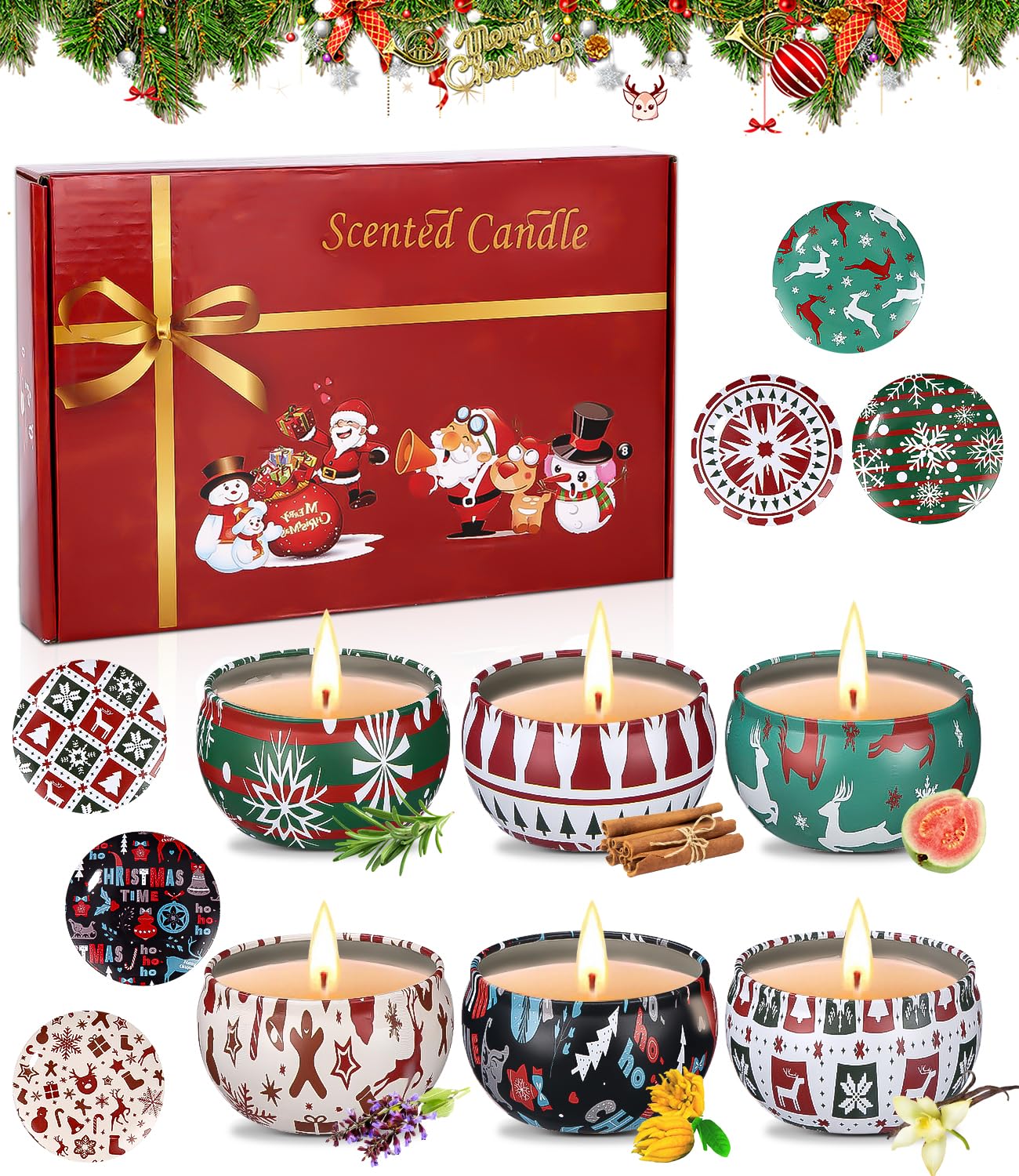 SinLaw Velas Perfumadas Regalo para Mujer,Set de 6 Velas Perfumadas de Navidad,Velas Perfumadas de Cera de Soja en Tarro,Vela Portátil de Cera de Soja,Idea Regalo Mamá,Navidad