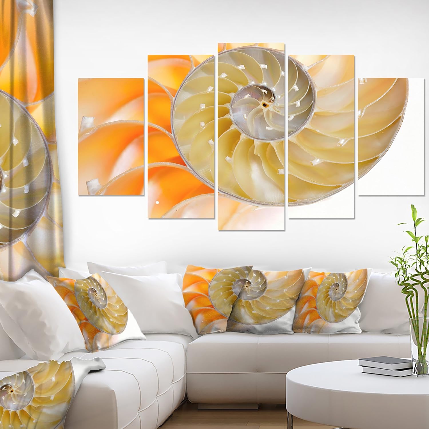 Designart Isolated Nautilus Shell-Abstract Canvas Art Print-60x32 5 Piece, 60x32-5 Panels Diamond Shape, Orange 60x32" - 5 Panels Diamond Shape