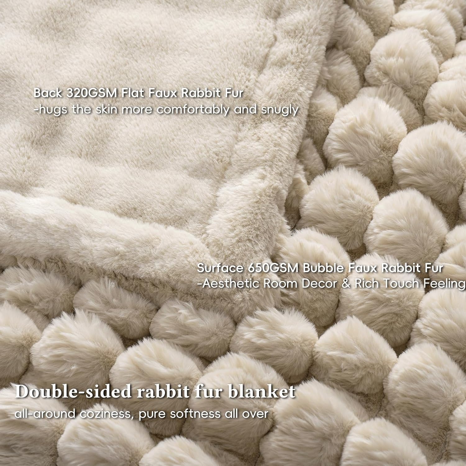David's Home Reversible Faux Rabbit Fur Throw Blanket, Luxury Soft Thick Shaggy Warm Fuzzy Bubble for Couch, Bed, Cozy Plush Fluffy Decorative for Fall Winter, Oak, 50 "* 60" - Image 3