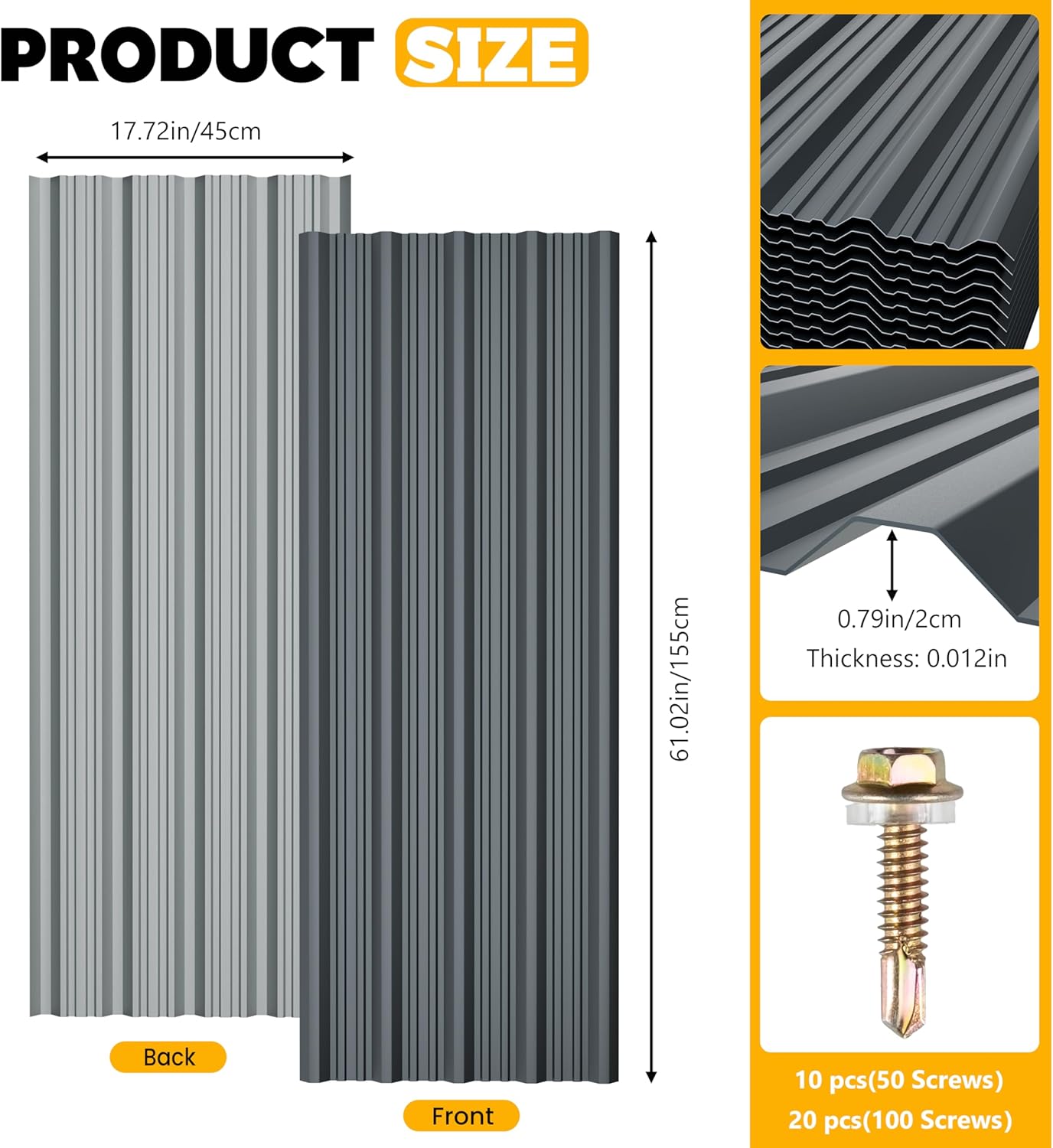20 pcs metal roofing panels - corrugated galvanized roof panels l61.02x w17.72 inch, waterproof tin roof sheets for garages,sheds, stables and mobile homes, includes screws(grey,l61.02''-20) l61.02''-20 gray