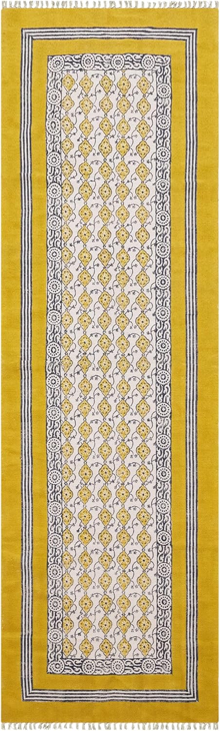 2x6 Hand Block Printed Cotton Runner Rug Yellow Beige Floral Design Thick 0.19" Boho Flatweave Handmade Carpet for Kitchen Entryway Bedside Yoga Room Indoor Outdoor Use