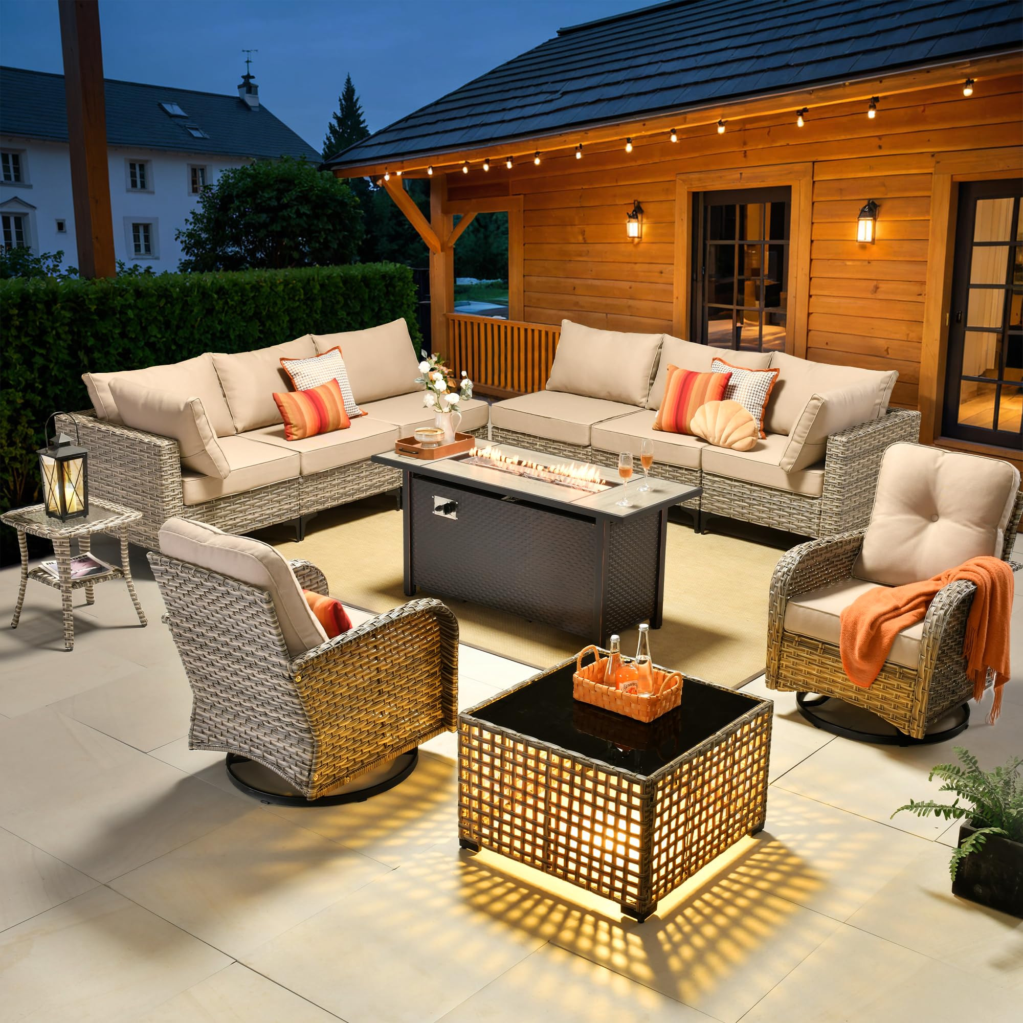 Ovios 11 Pcs Patio Furniture with Fire Pit Table