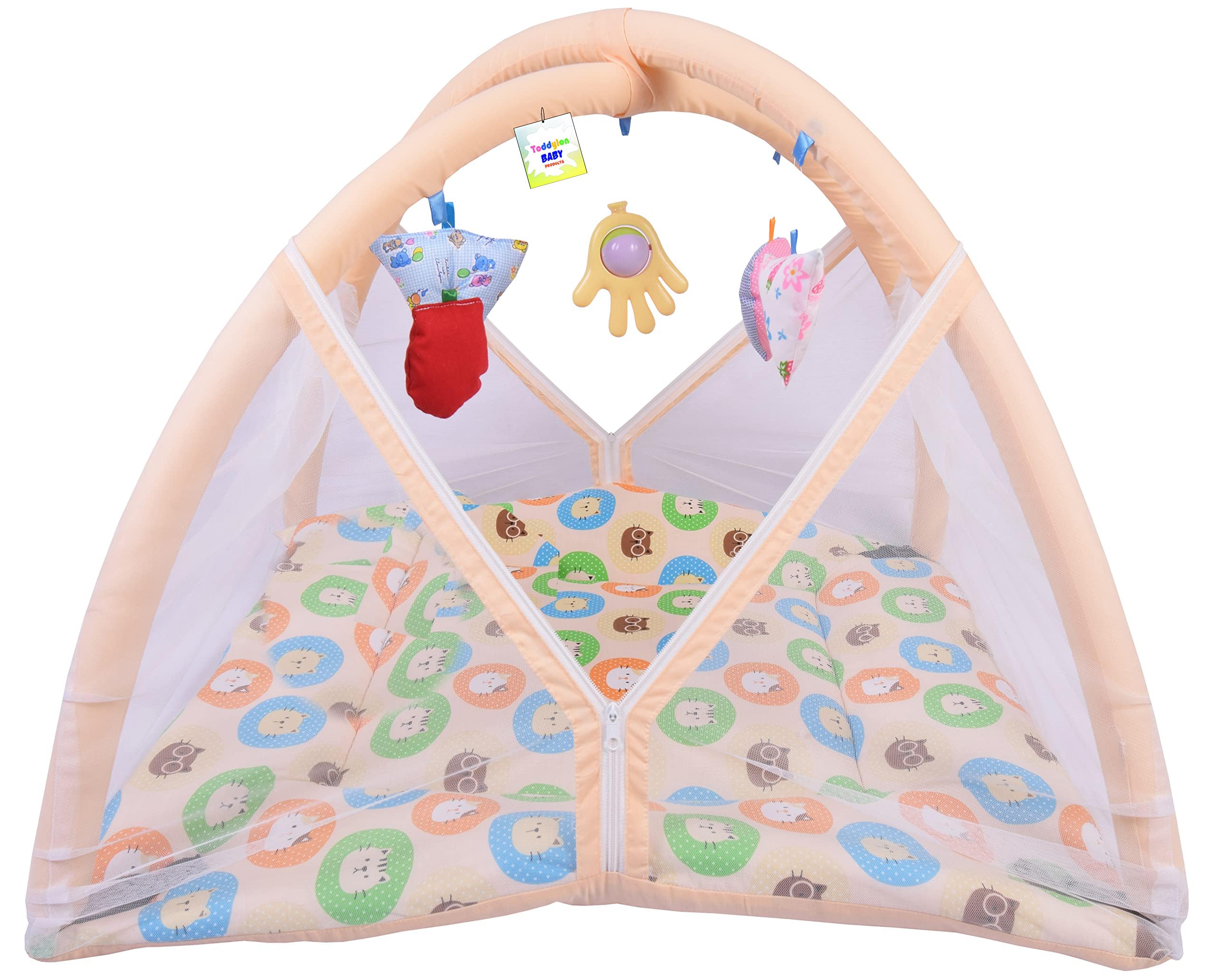Toddylon Baby Play Gym New Born Baby Bedding|Mat with Hanging Toys|Mattress with Mosquito Net|Cotton Playing Mat|Playmats & Floor Gyms (0-6 Months) Orange,1 Count 1