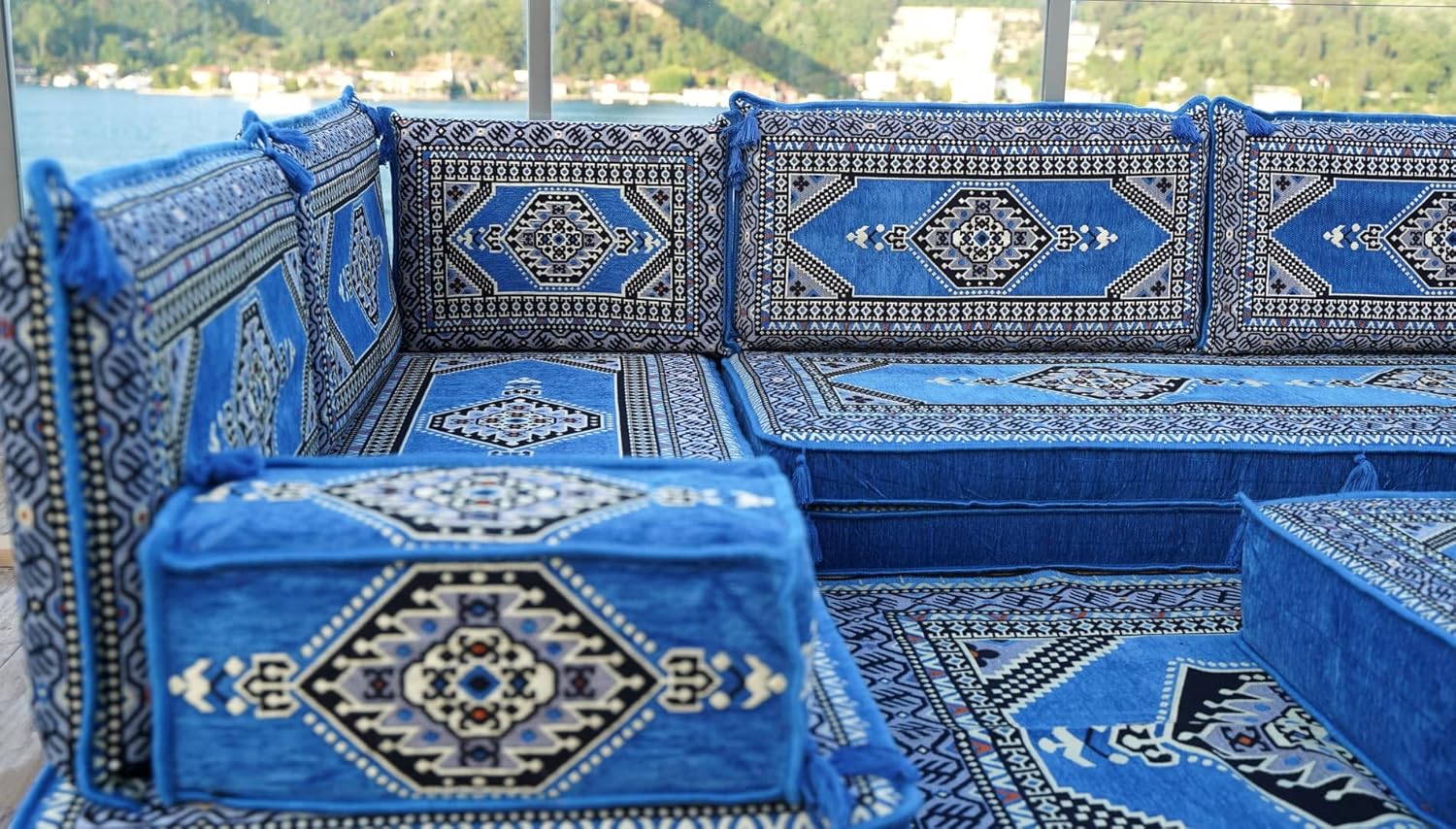 Blue Arabic Floor Cushions, Corner Oriental Floor Seating Sofa, Turkish Home Decor, Arabic Majlis Floor Sofas, Floor Couch, Bench Cushion (L Sofa + Rug + Ottoman, 8'' Thickness (20 cm))