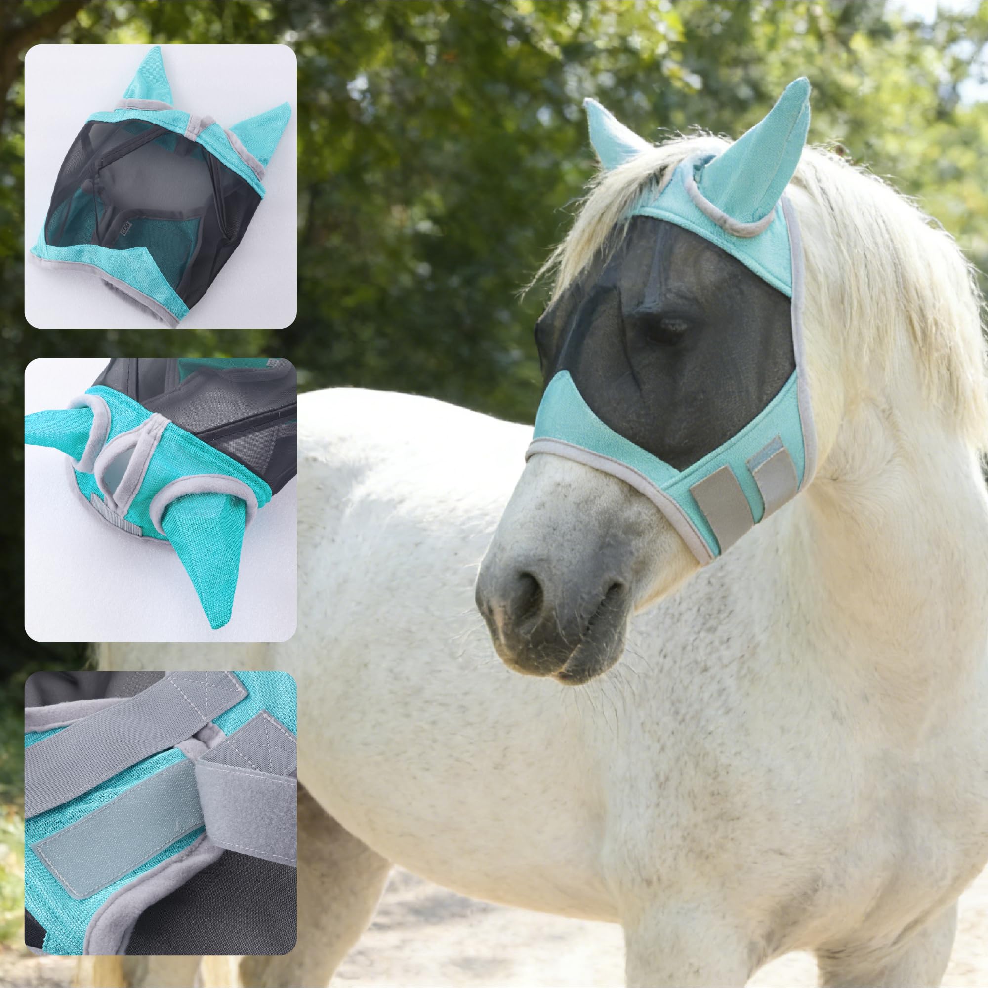 Maschera antimosche cavallo con protezione orecchie, verde M | Protezione UV, maglia traspirante, ampio spazio per gli occhi, foro per il toupet, senza sfregamento