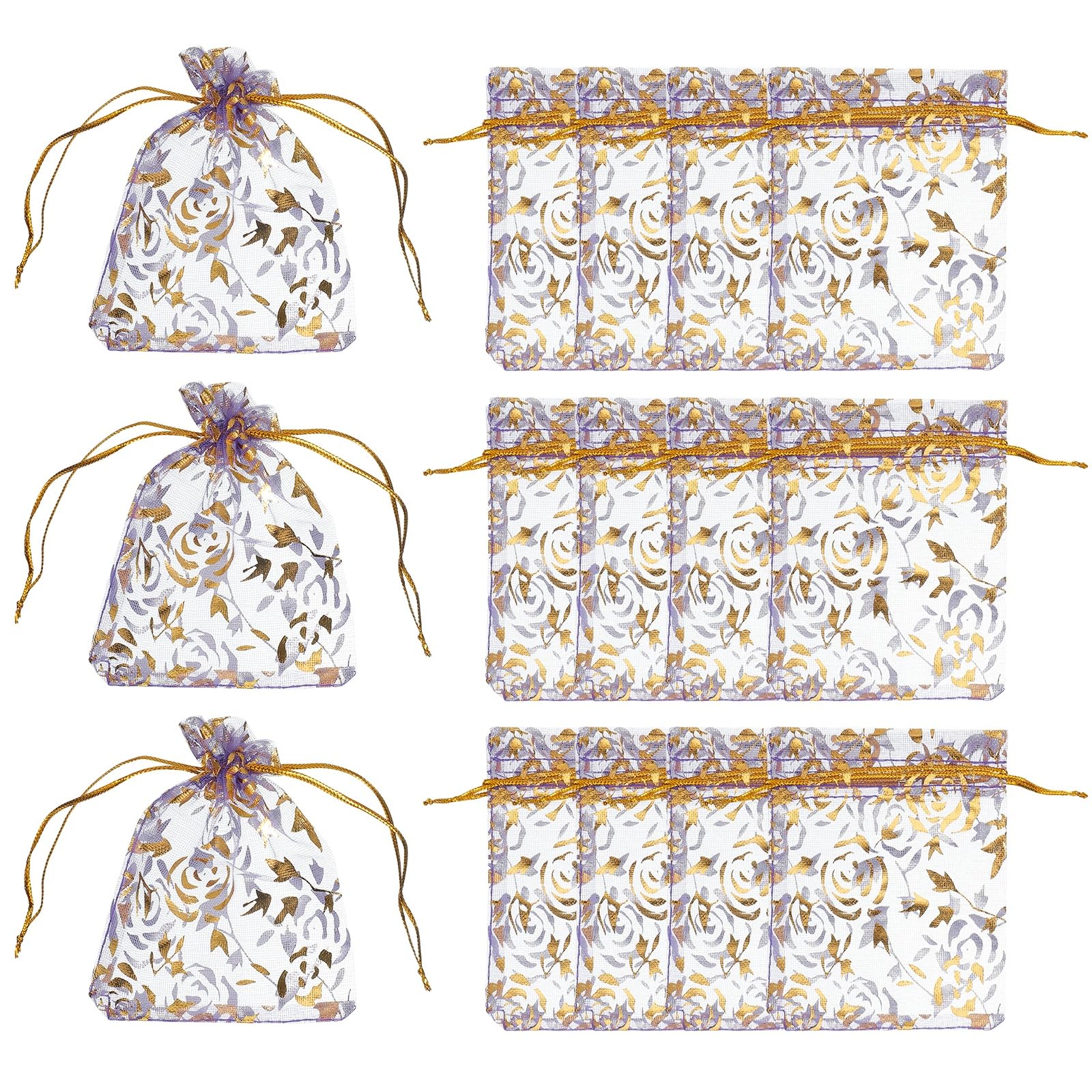 PATIKIL Organza Bags, 100 Pcs 2.8 x 3.5 Inch Mesh Candy Pouch with Drawstring Gold Rose Flower Jewelry Gift Bags for Wedding Christmas Festival Makeup