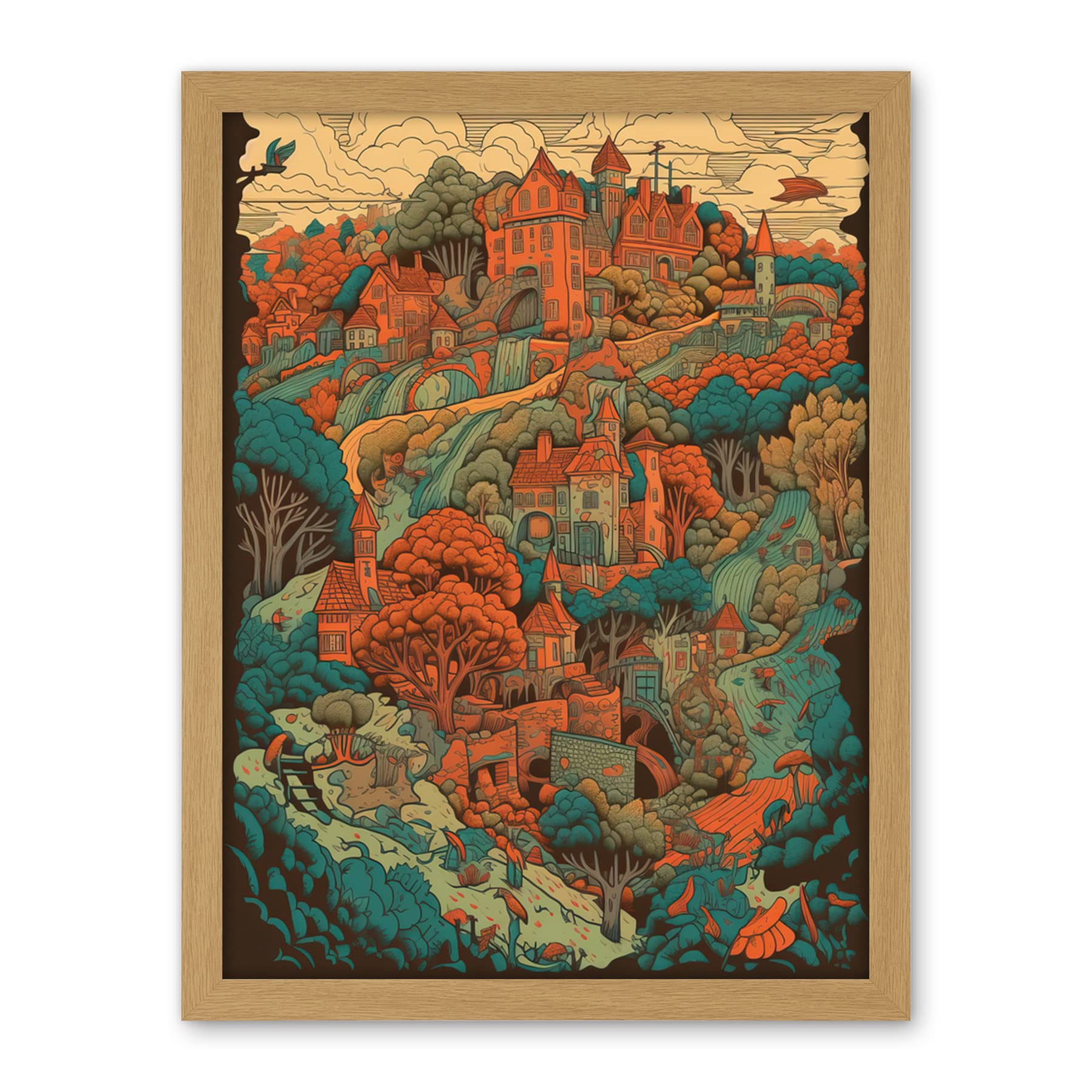 Artery8 Village in Forest Coral and Teal Blue Illustration Artwork Framed Wall Art Print 18X24 Inch
