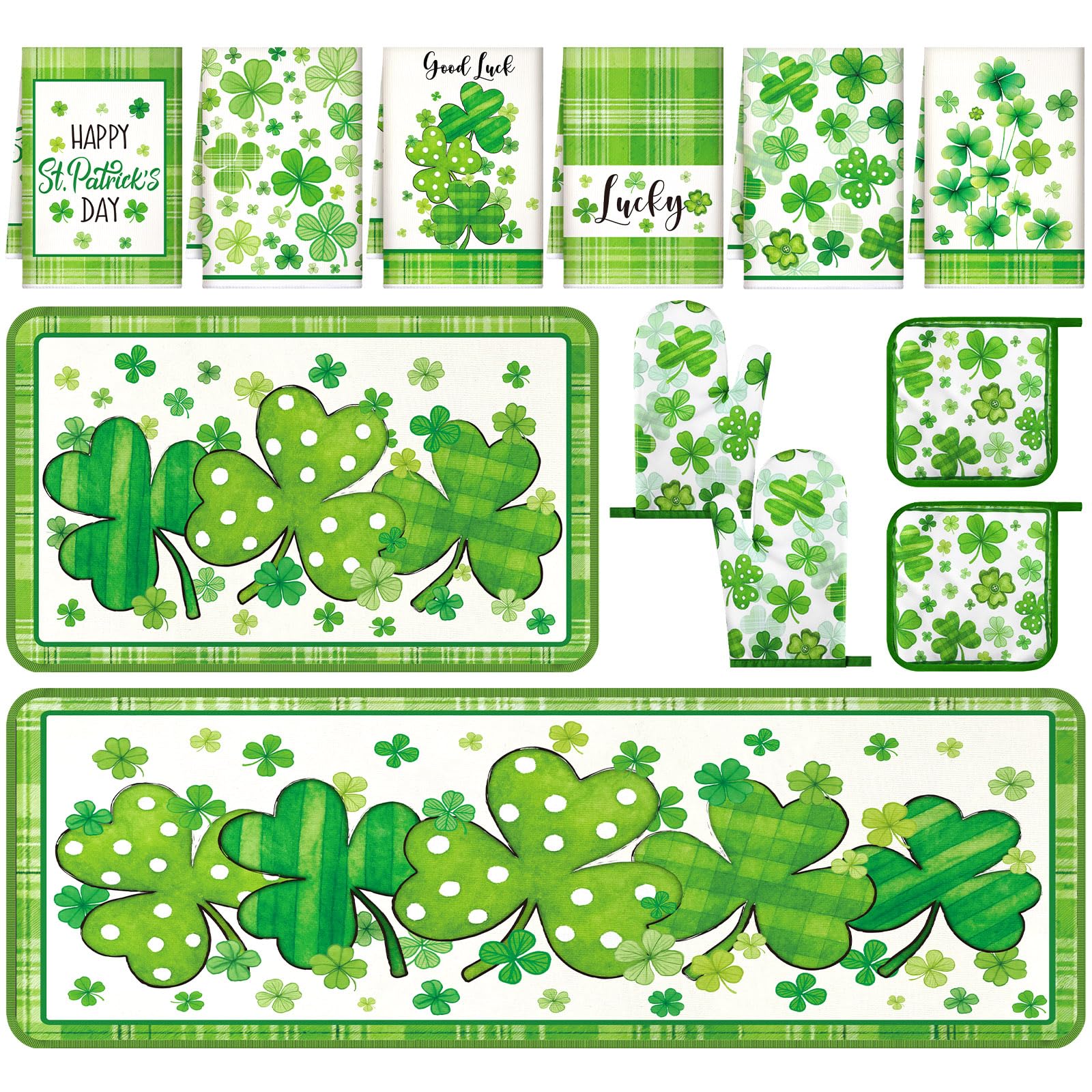 Bencailor 12-teiliges St. Patrick's Day Küchendekor-Sets, 6 x St. Patricks Day-Handtücher, 2 x Küchenteppich und Matte, 2 x Kleeblatt-Topfhalter, 2 x grüne Ofenhandschuhe für irische Partys