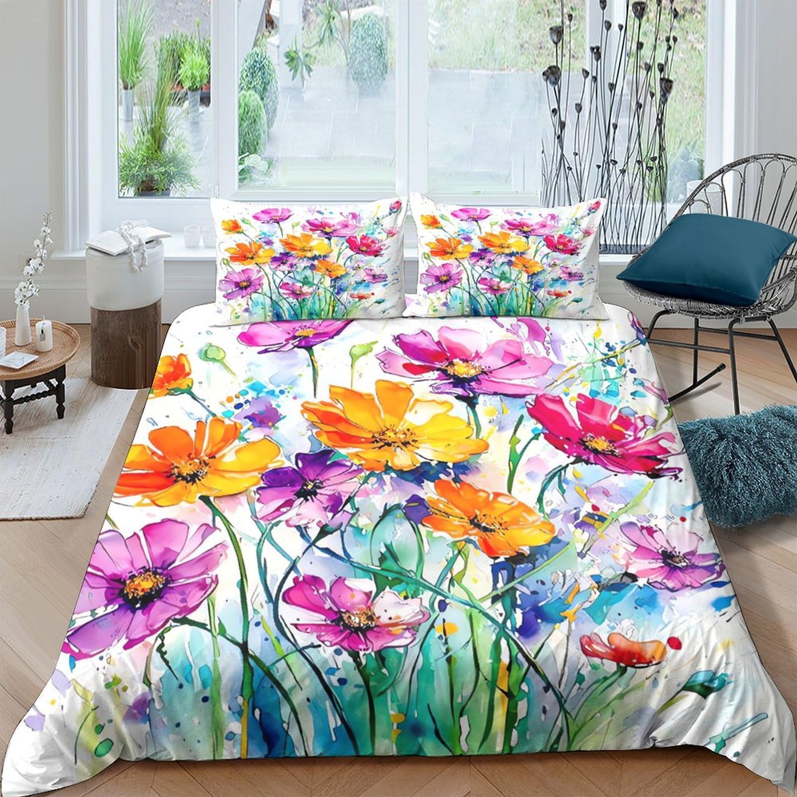 Ctjqhvkz Style-5 3D Printed Watercolor Floral Fitted Sheet Microfiber Soft Colorful Wildflower Bed Cover For Bedroom Home Decor Single（135X200cm）
